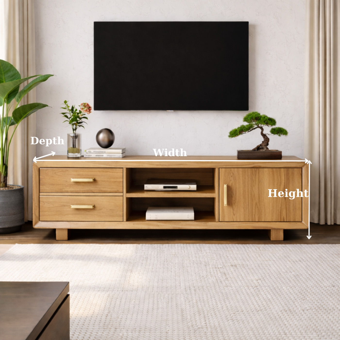 Modern Soild Wood TV Stand with Drawers, Cabinet Door, and Open Media Shelves