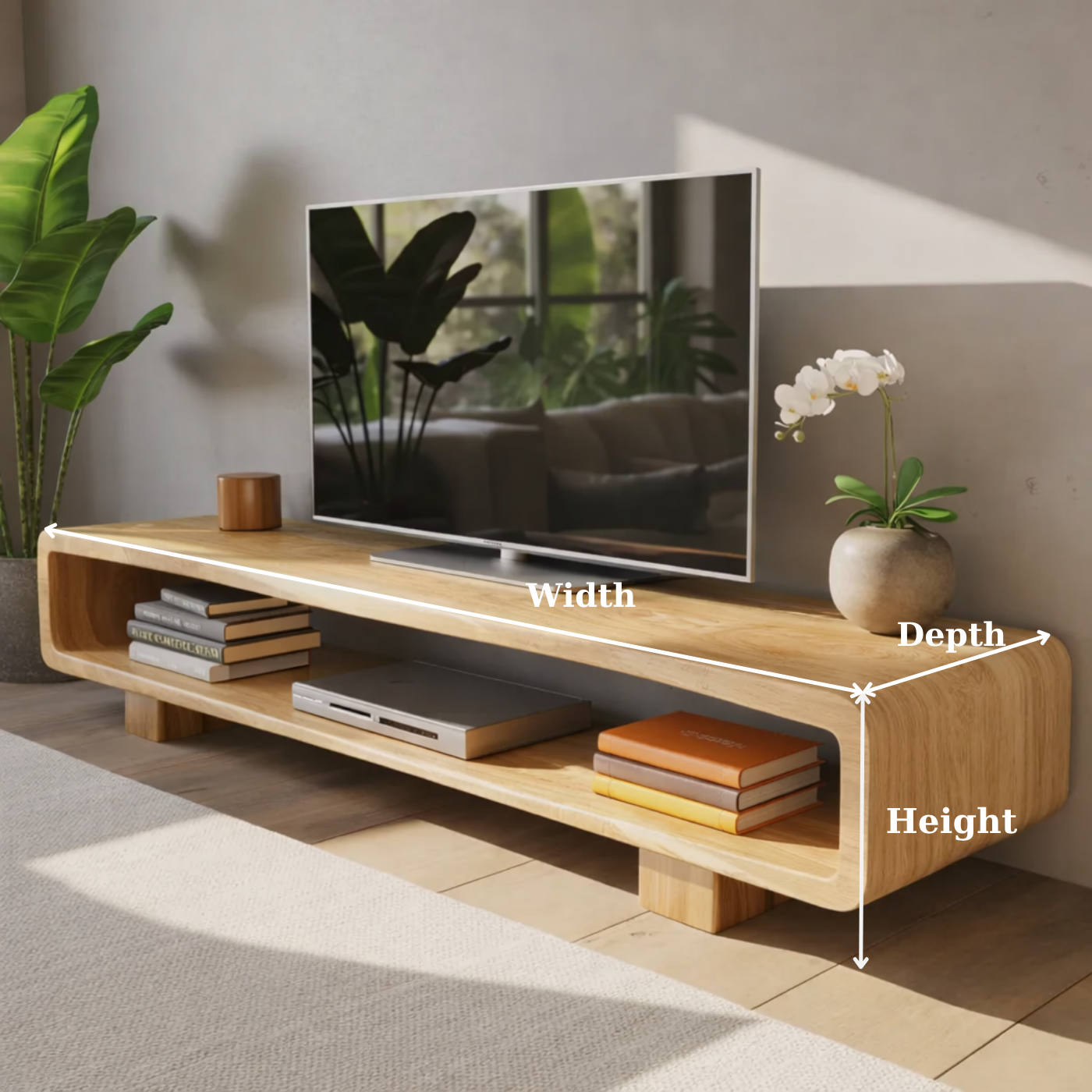 Modern Solid Oak TV Stand with Open Shelf Storage, Minimalist Wooden Media Console