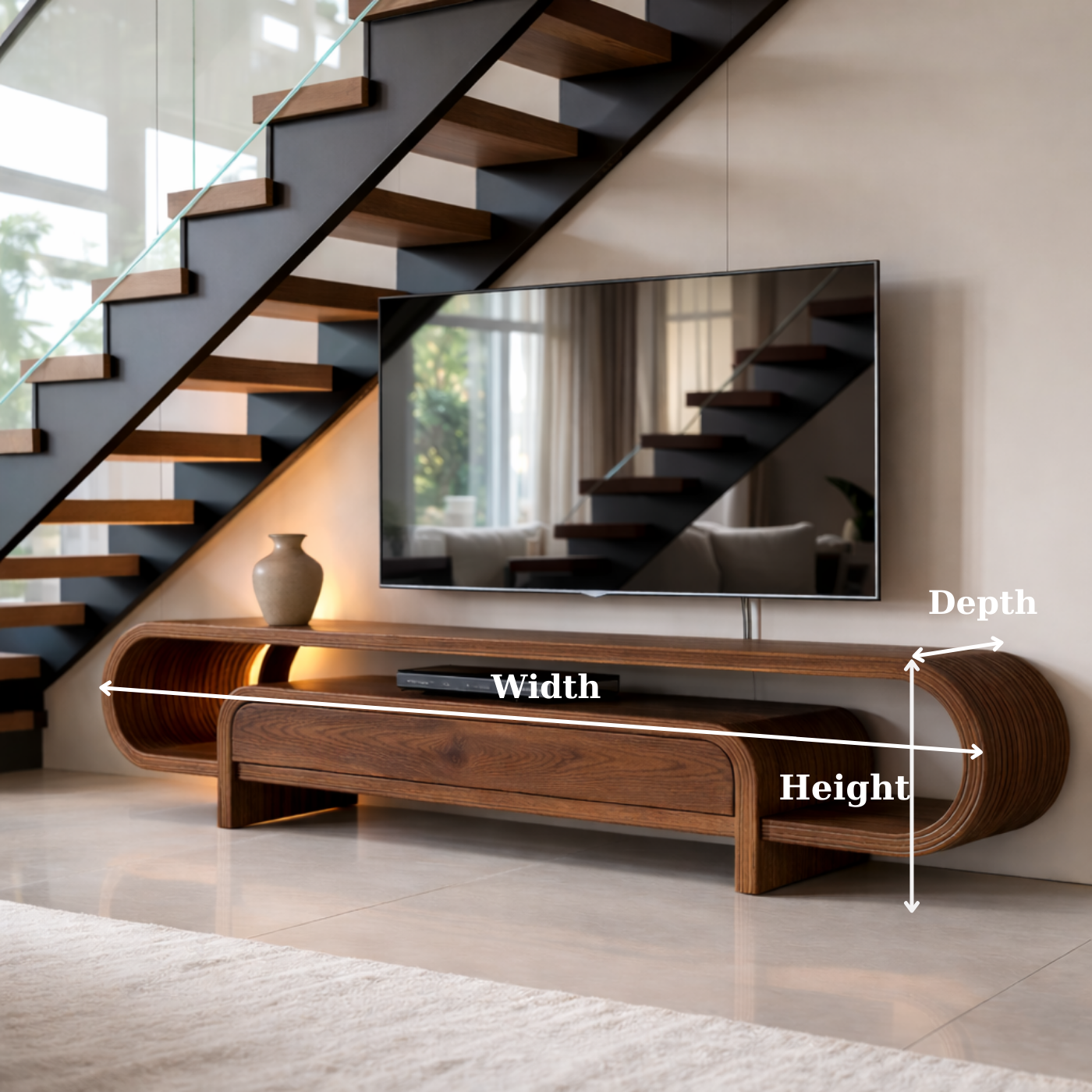 Curved Solid Wood TV Stand with Drawer and Shelf, Modern Walnut Media Console Table