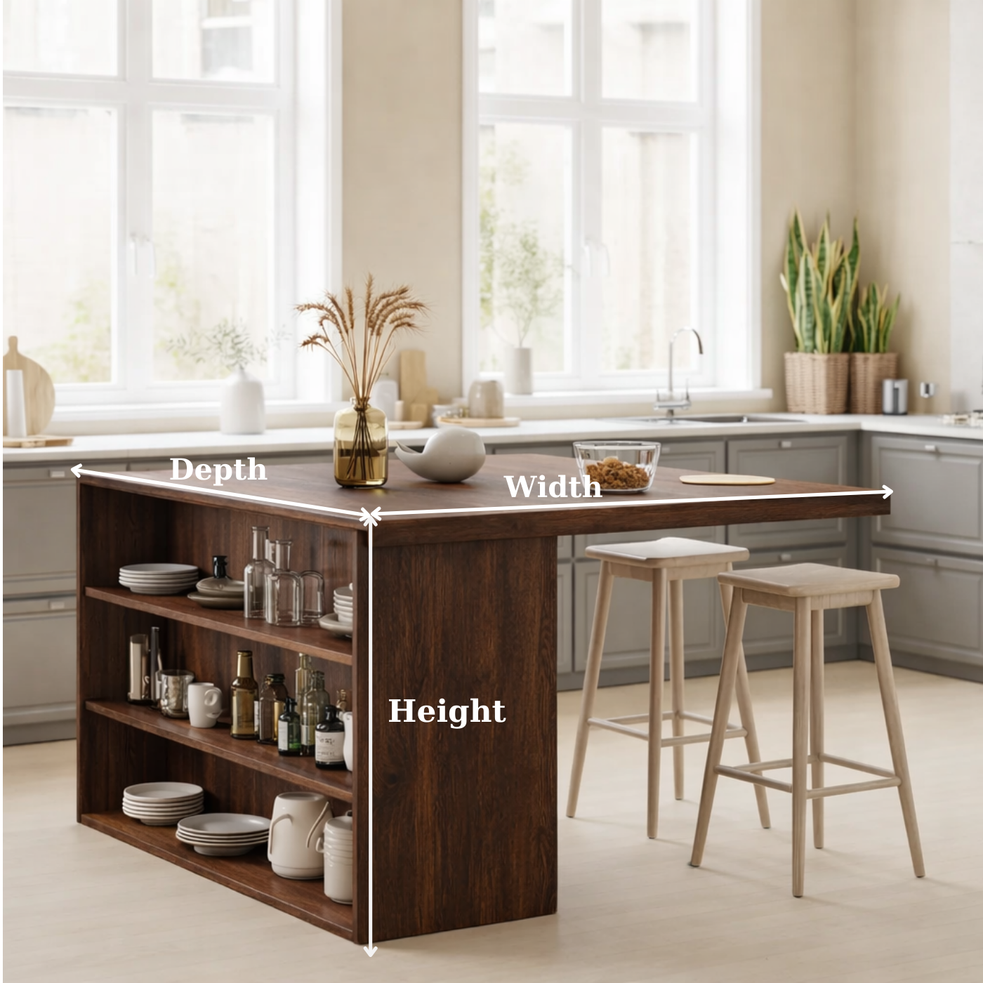Modern Solid Wood Kitchen Island with Open Storage Shelves, Walnut Kitchen Bar Table