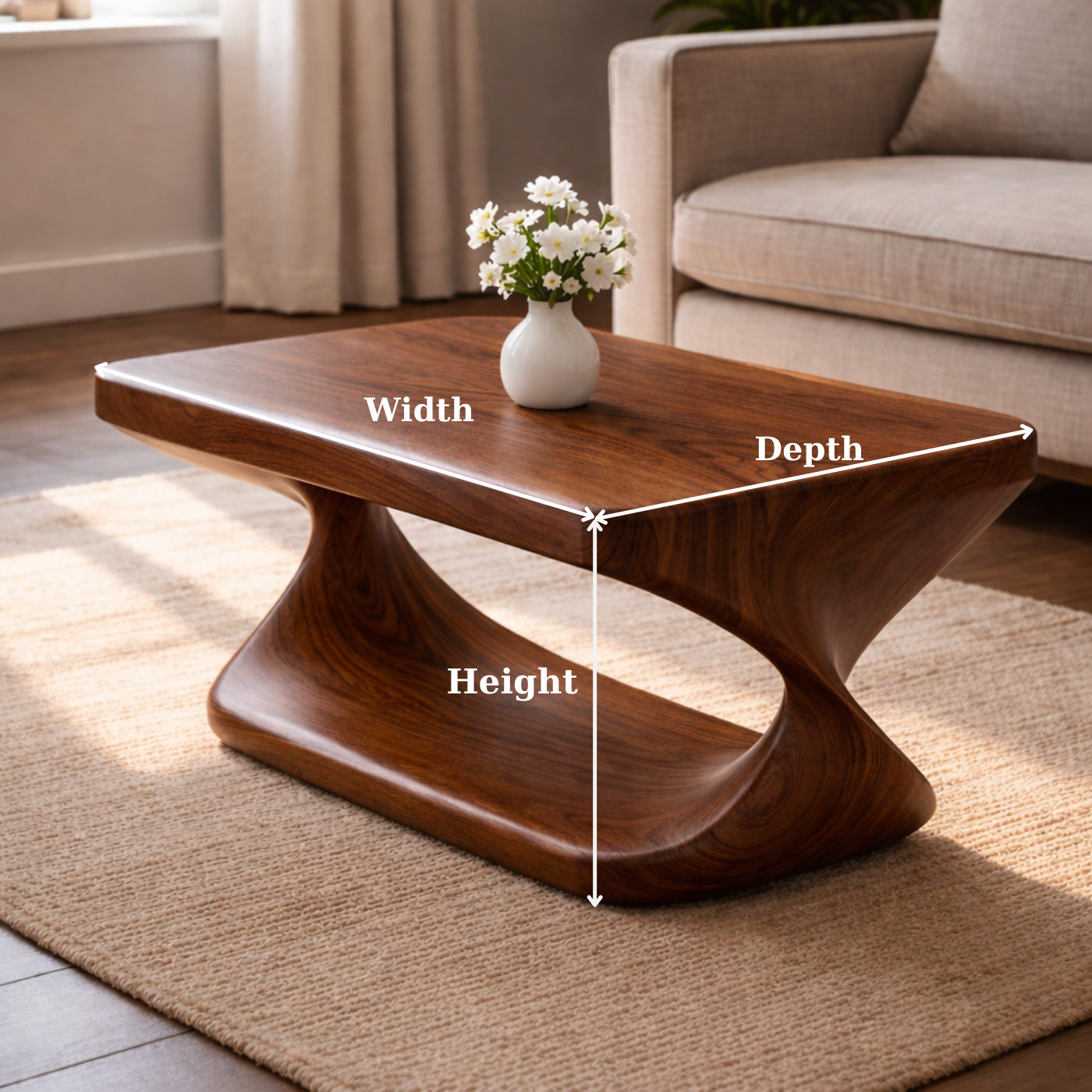Modern Solid Wood Coffee Table with Sculptural Curved Base and Rectangular Wood Top