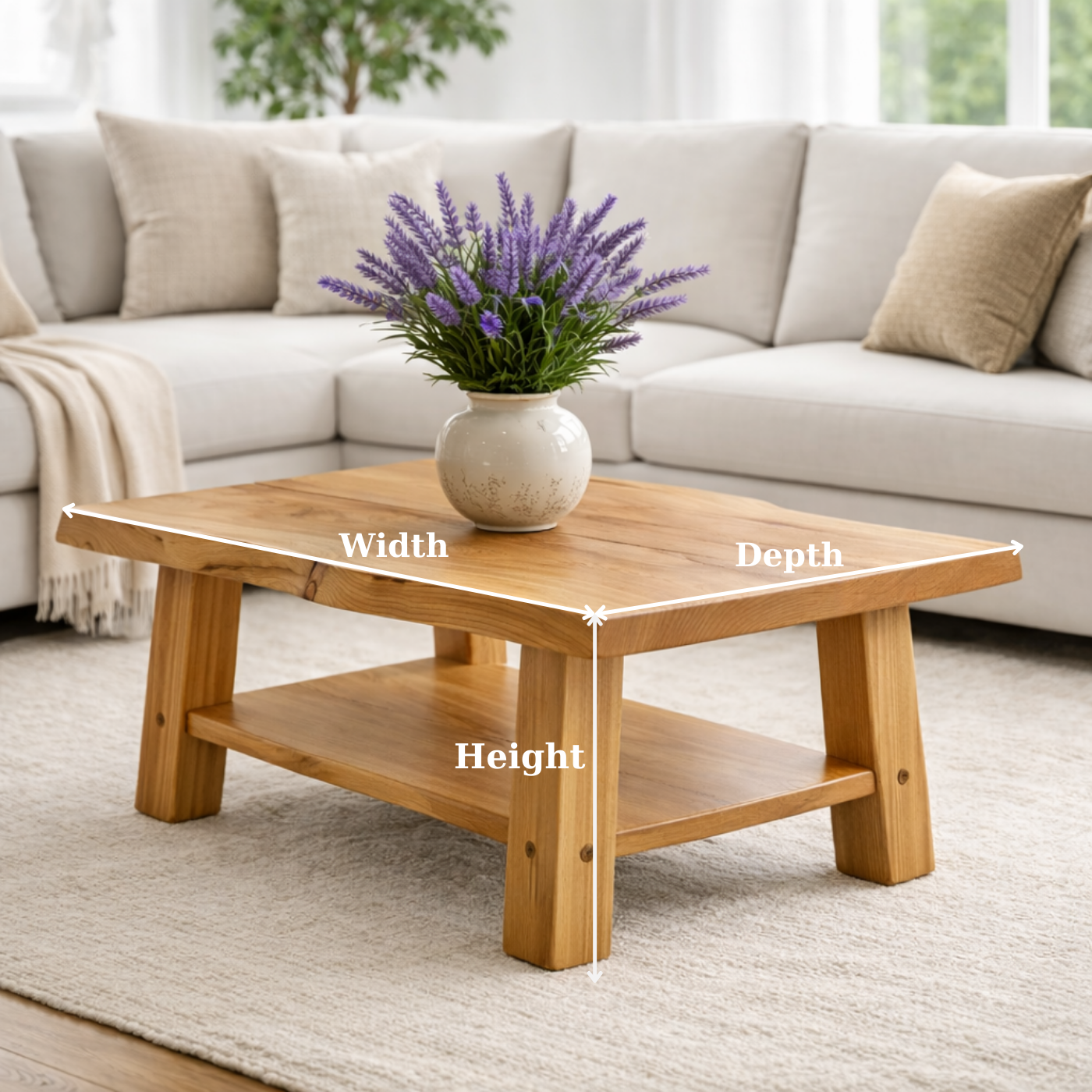 Solid Wood Coffee Table with Storage Shelf Rustic Wooden Living Room Table