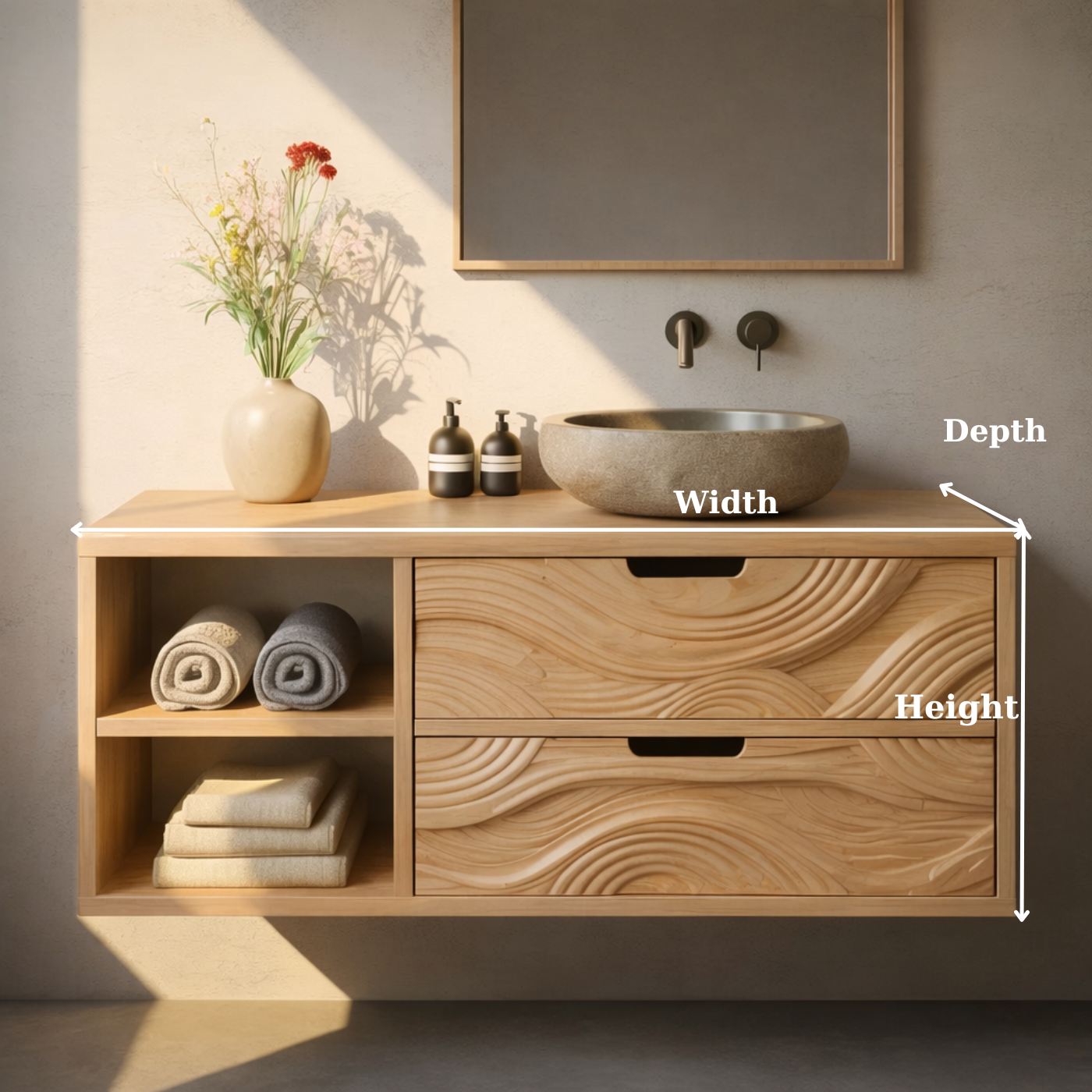 Floating Solid Wood Bathroom Vanity with Sculpted Wave Drawers and Open Shelf – Modern Organic Bathroom Cabinet