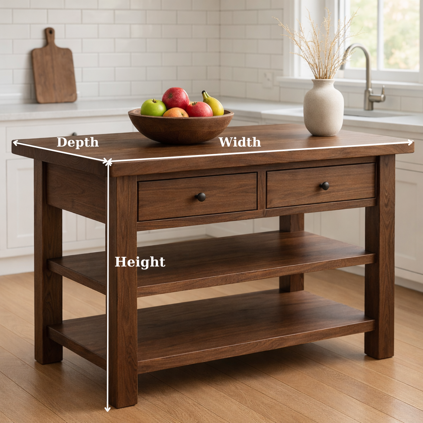Solid Walnut Kitchen Island Table with Drawers and Shelves, Wooden Kitchen Prep Station