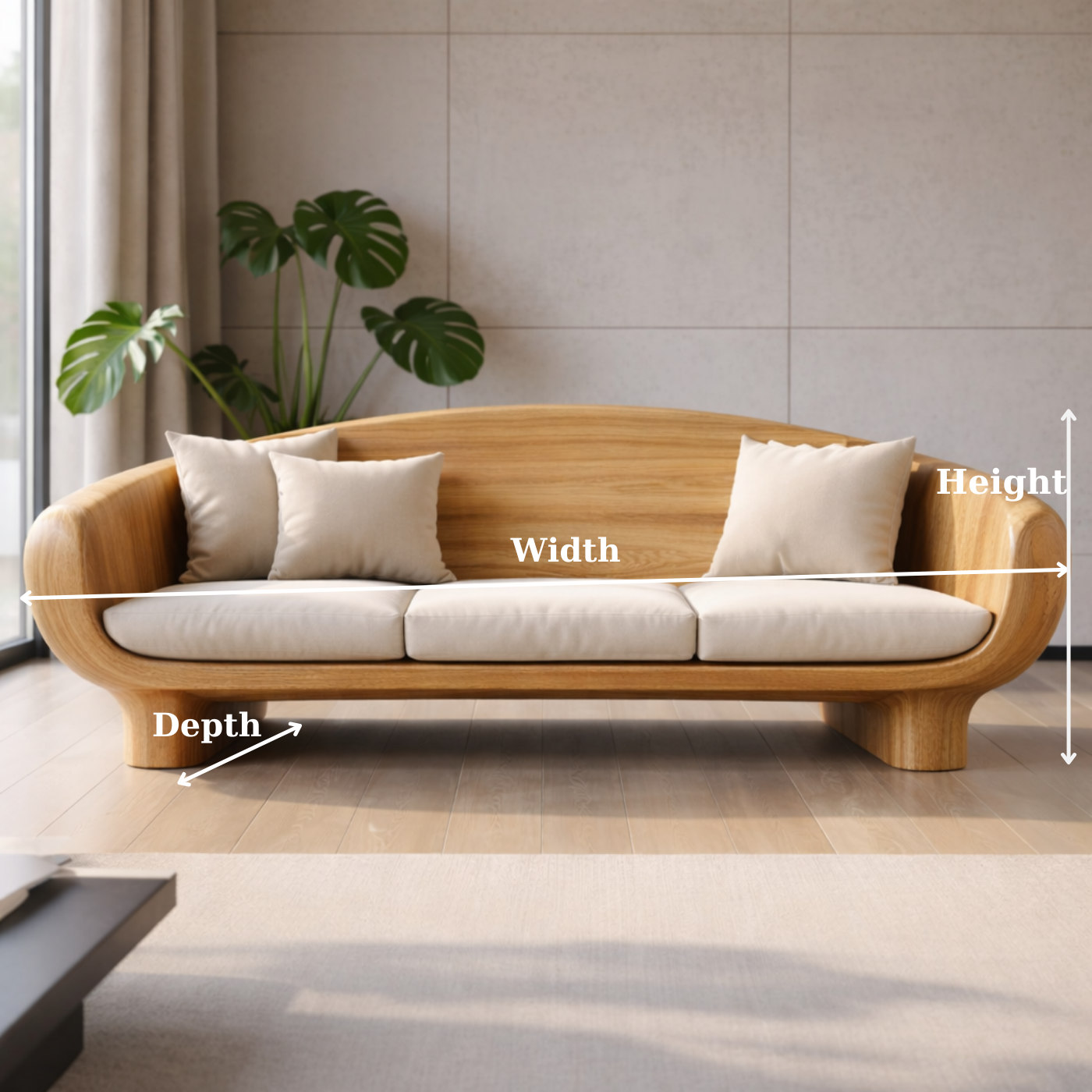 Modern Solid Oak Sofa with Curved Wooden Frame Minimalist Scandinavian Living Room Couch