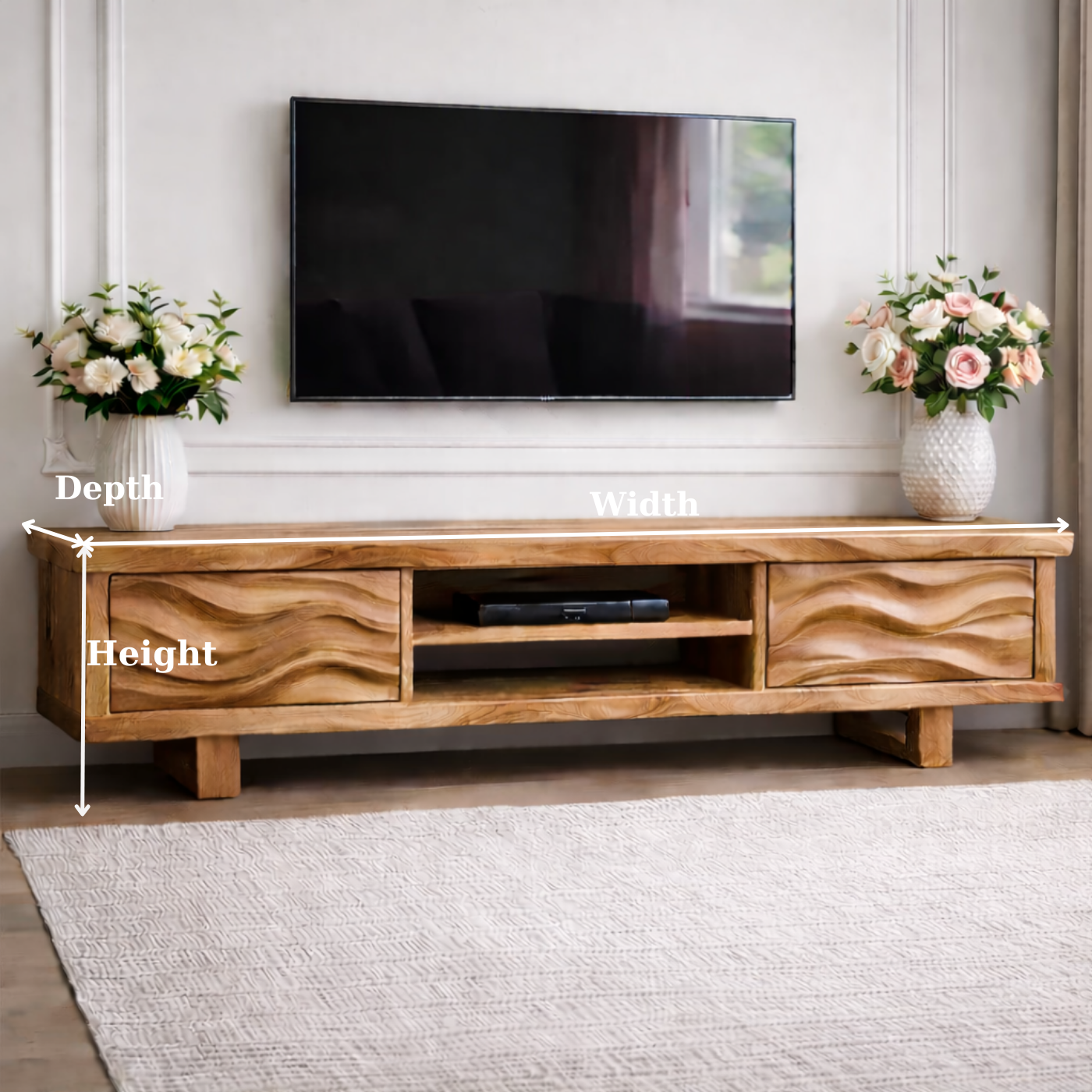 Solid Wood TV Stand with Wave Pattern Doors Modern Wooden Media Console for Living Room