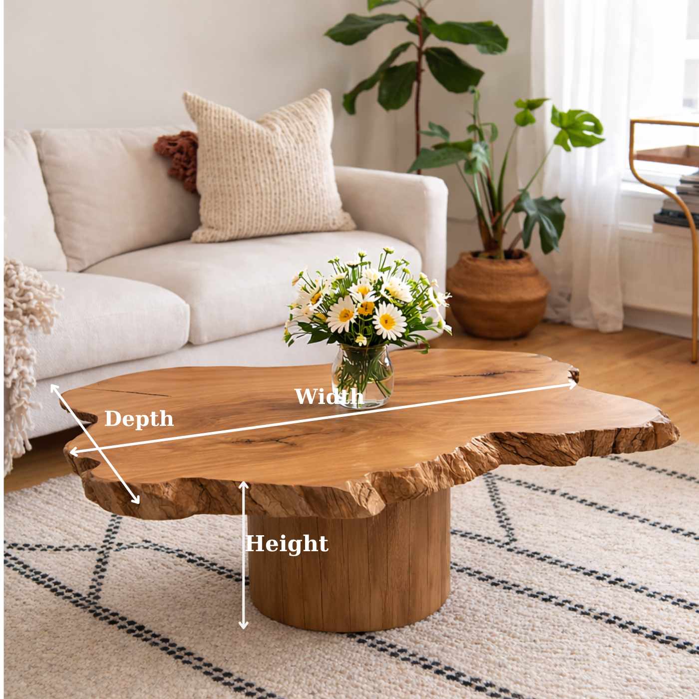 Live Edge Solid Wood Coffee Table for Living Room with Pedestal Base
