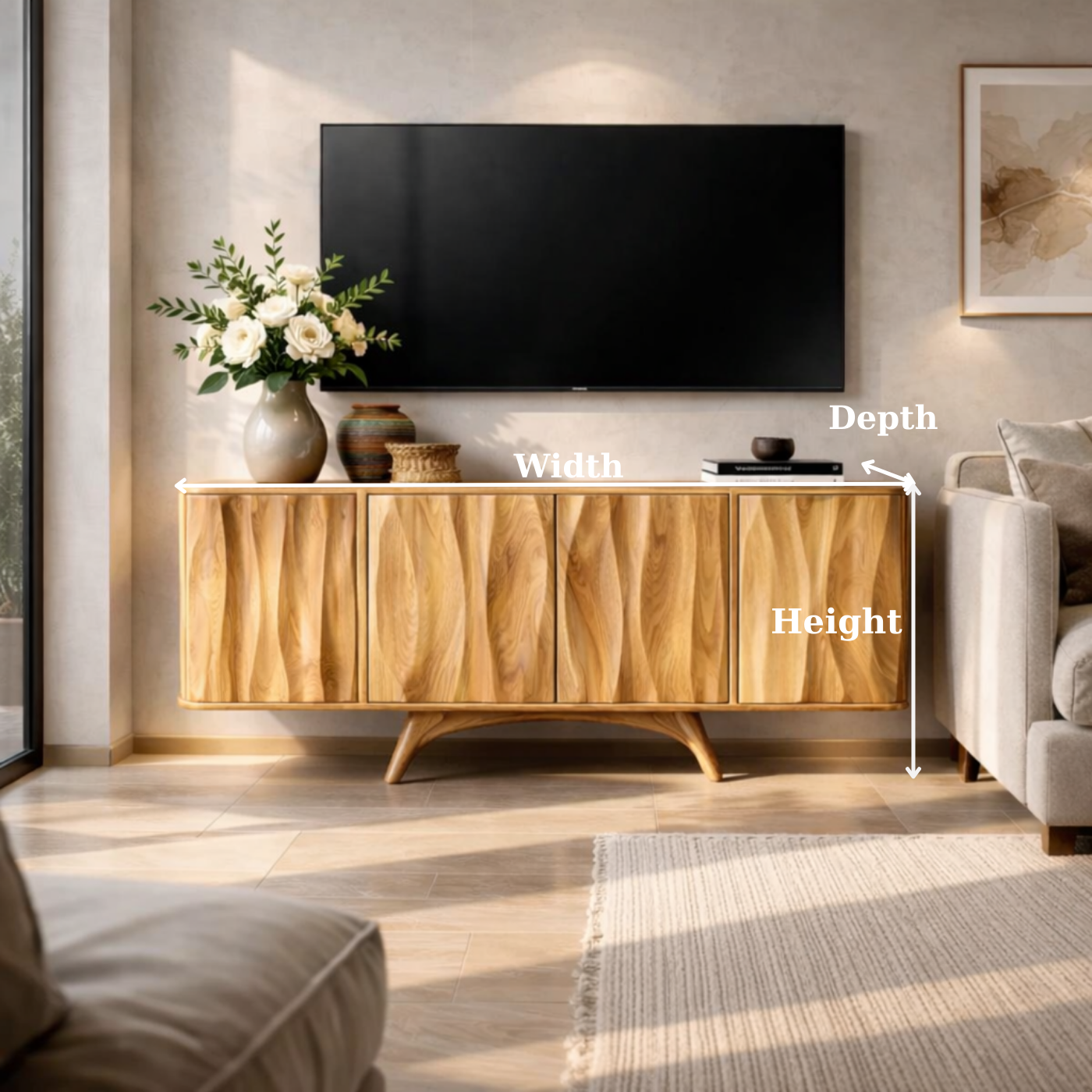 Solid Wood TV Stand for Living Room with Cabinet Storage