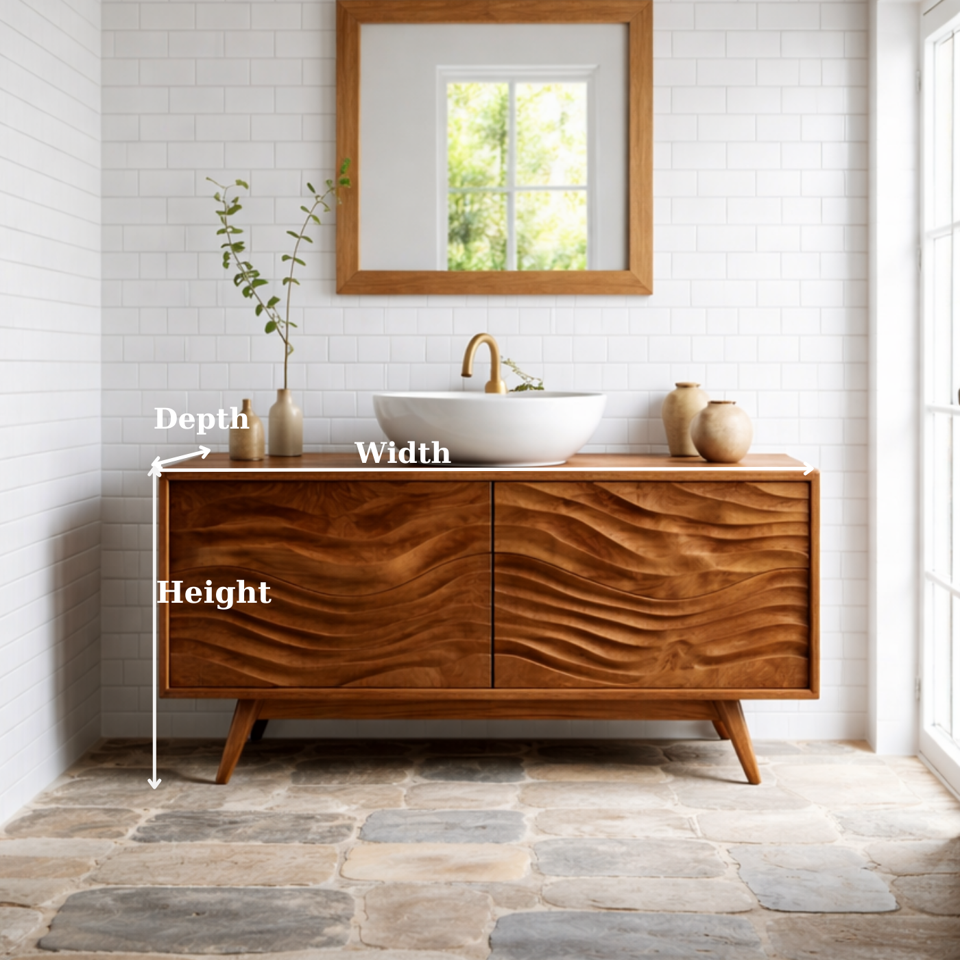 Solid Wood Bathroom Vanity with Wavy Surface Design and Storage Cabinet