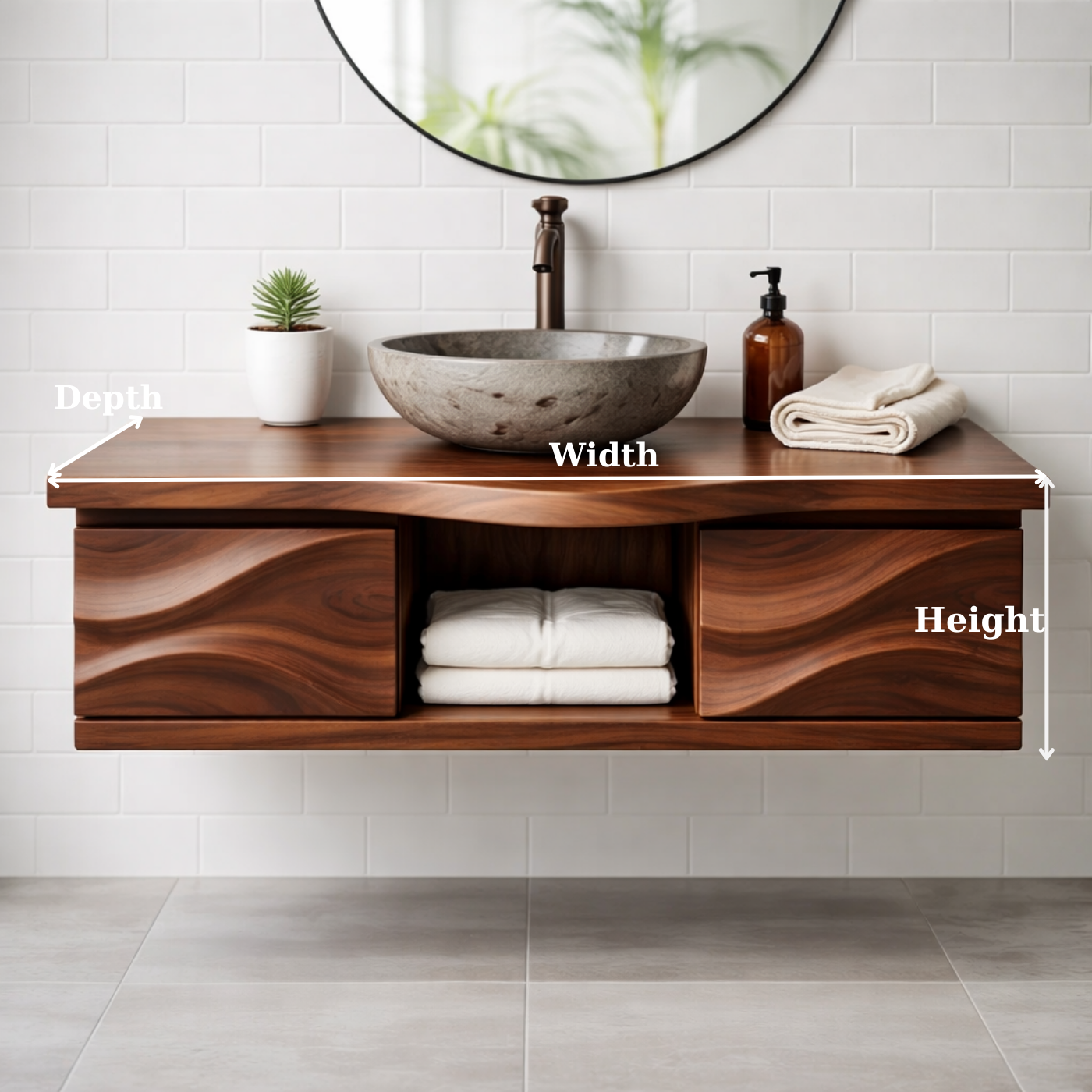 Floating Solid Wood Bathroom Vanity with Sculpted Wavy Front and Open Shelf