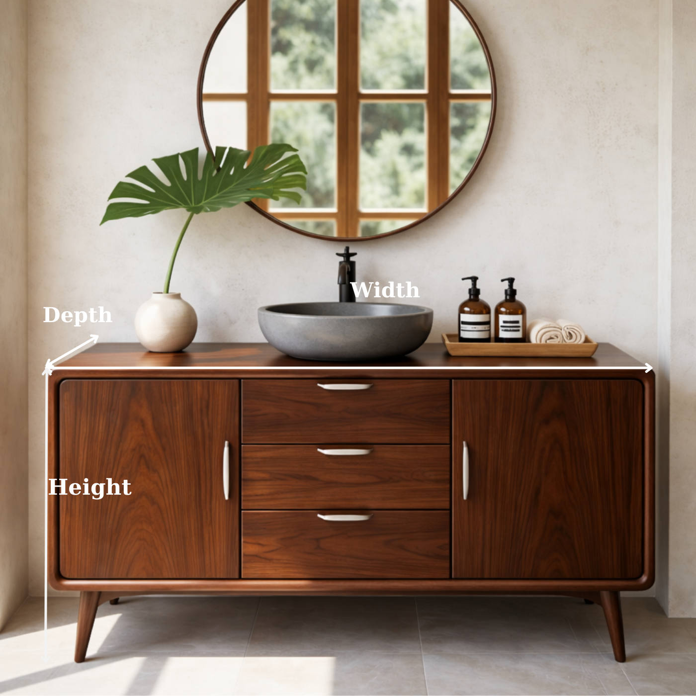 Mid Century Solid Wood Bathroom Vanity with Drawer Storage and Cabinet Doors