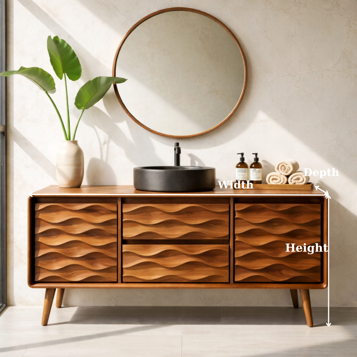 Solid Wood Bathroom Vanity with Layered Wavy Front Panels and Storage Drawers