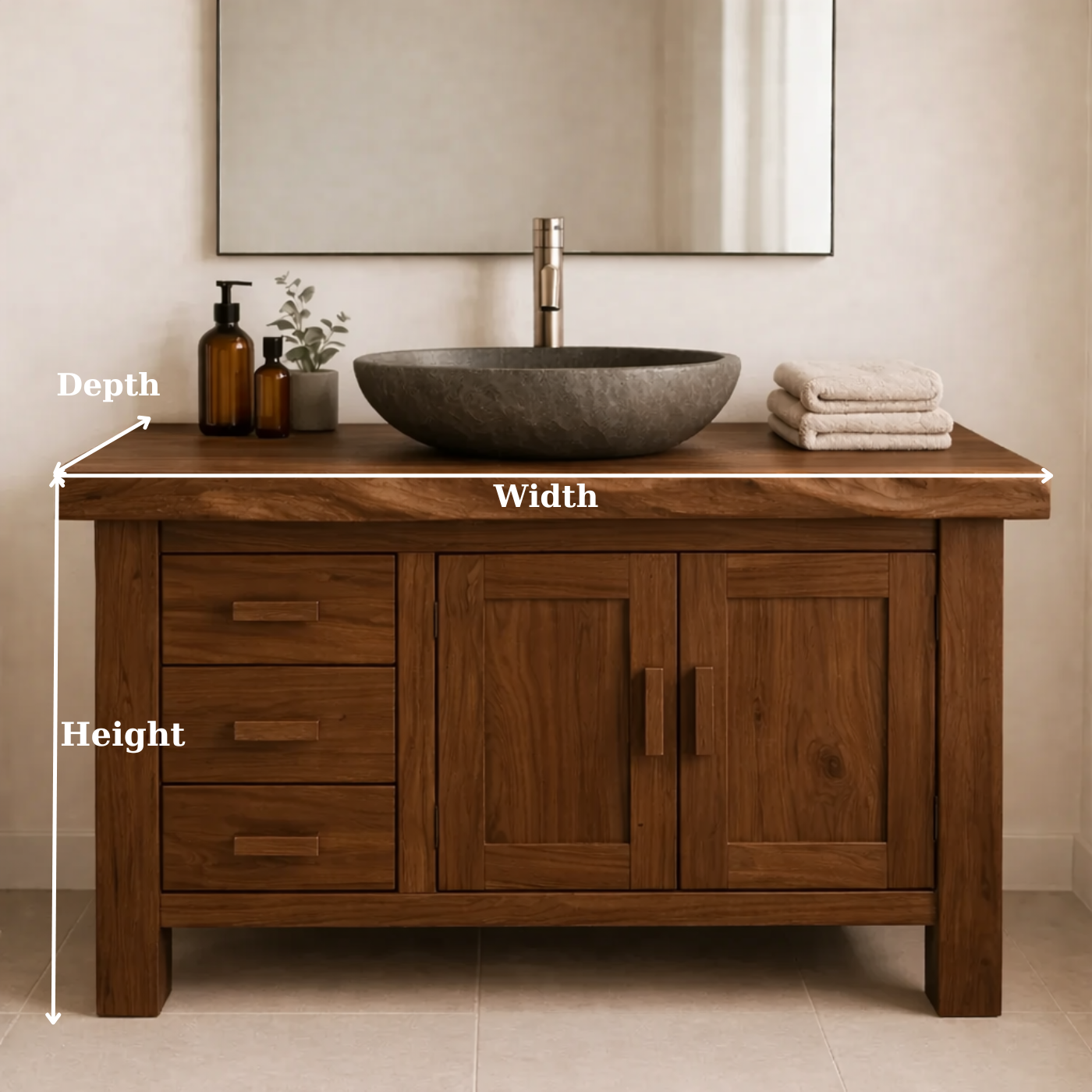 Rustic Solid Wood Bathroom Vanity Cabinet with Drawers and Double Door Storage