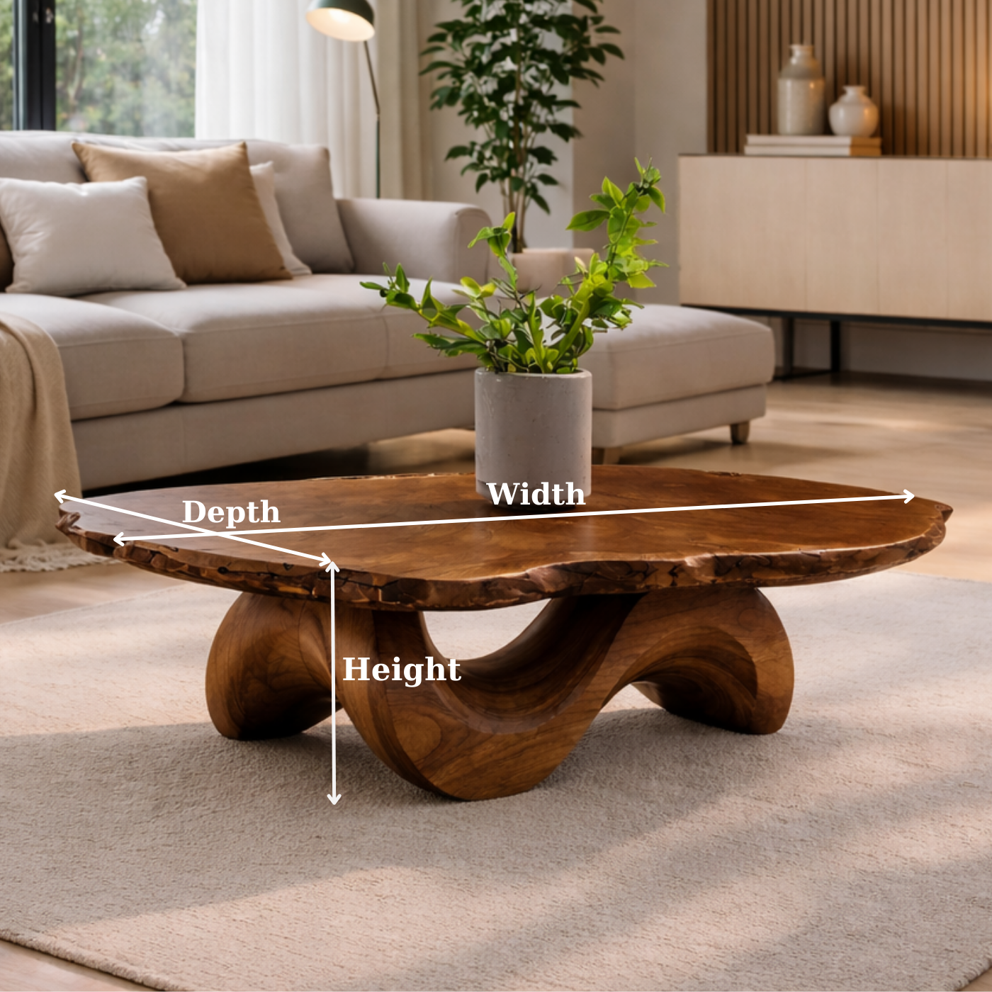 Live Edge Solid Wood Coffee Table with Sculptural Curved Base