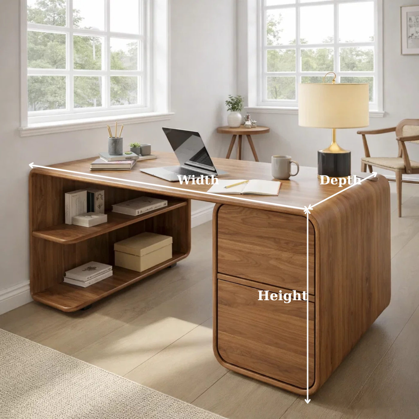 Modern L-Shaped Solid Wood Desk with Curved Silhouette and Integrated Storage