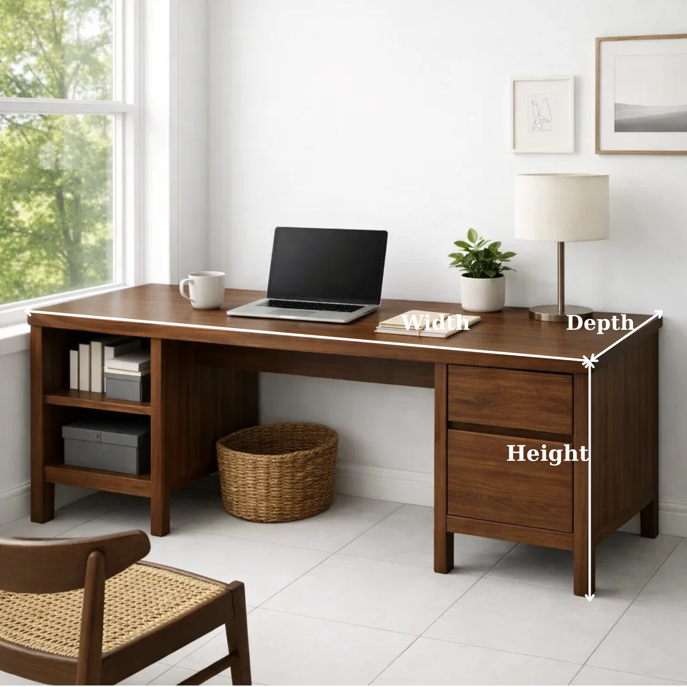 Solid Wood Executive Desk with Integrated Storage Drawers and Open Shelving