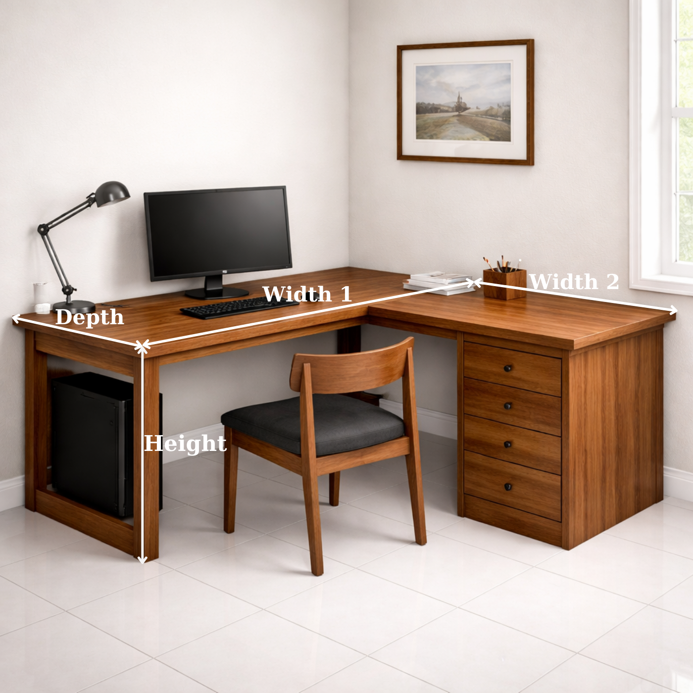 L-Shaped Solid Wood Executive Corner Desk with Storage Drawers