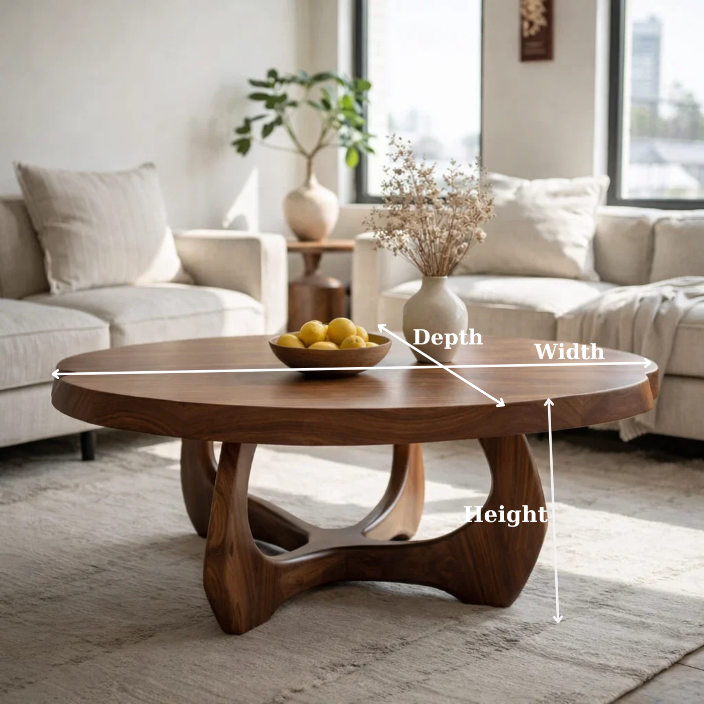 Modern Round Solid Wood Coffee Table with Sculptural Pedestal Base