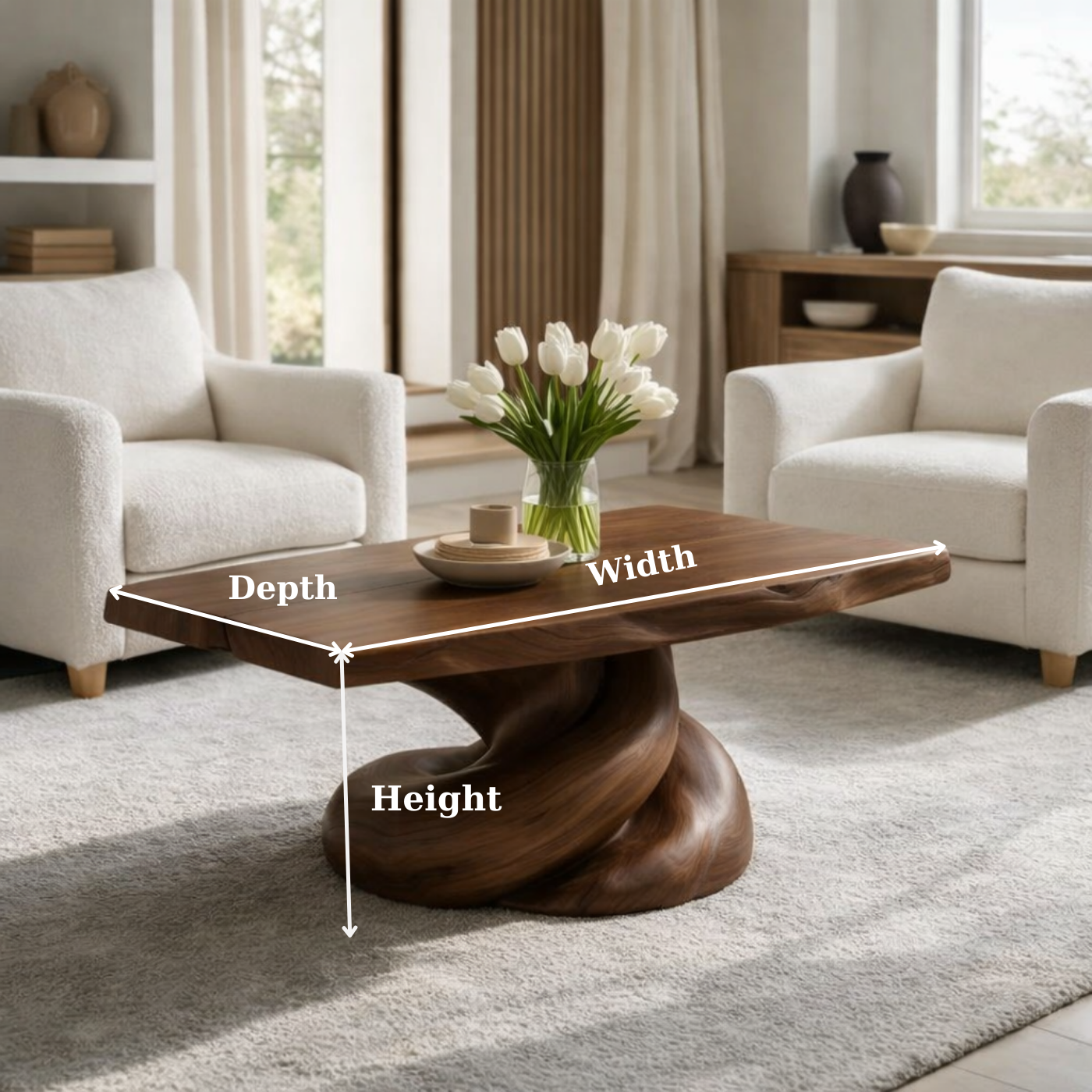Solid Wood Coffee Table with Live Edge Top and Organic Sculptural Base