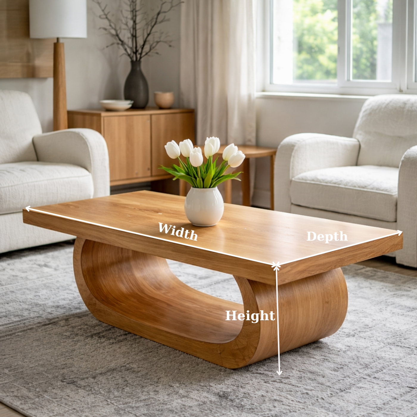 Solid Wood Coffee Table for Living Room with Curved Sculptural Base
