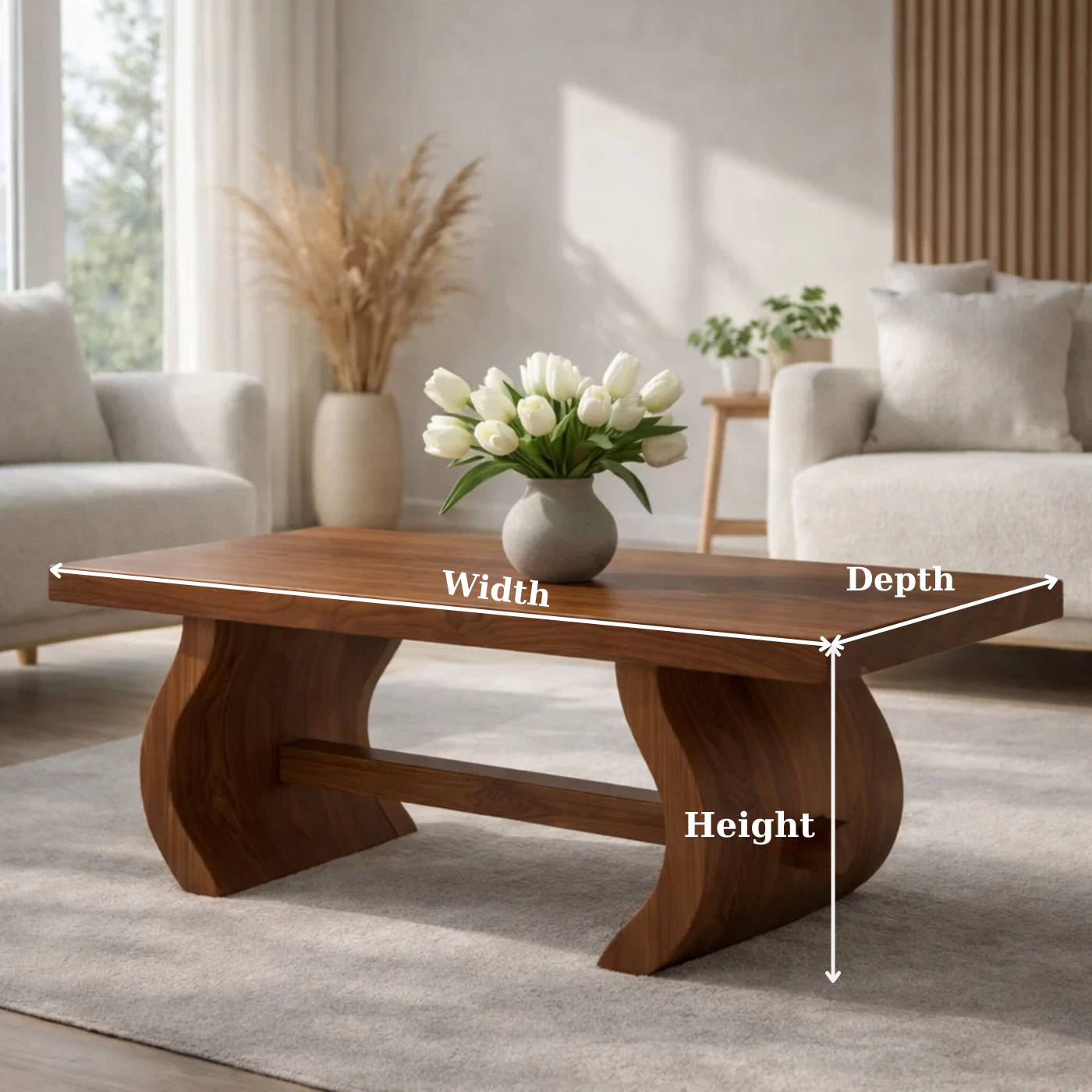 Solid Wood Coffee Table for Modern Home with Sculpted Curved Legs