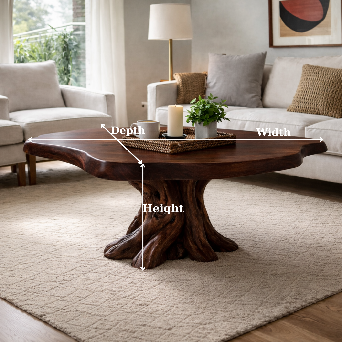 Solid Wood Round Coffee Table for Rustic Living Room with Tree Root Base