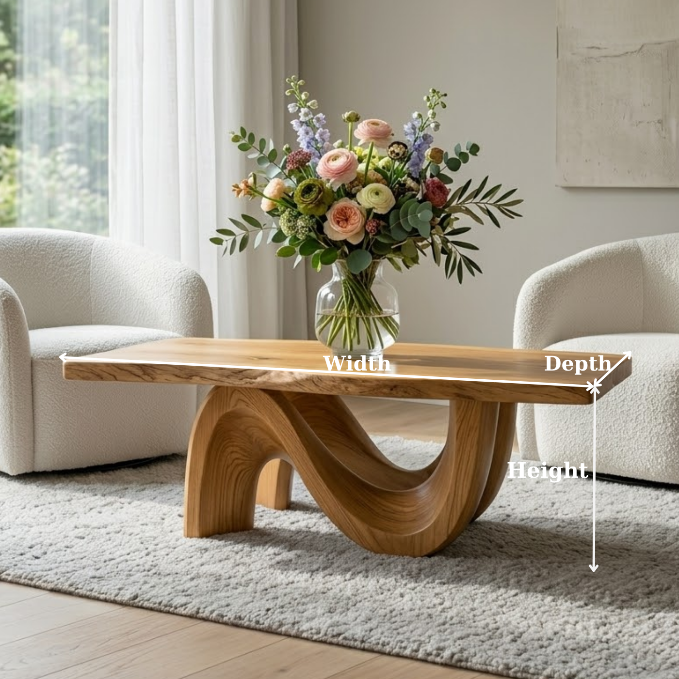 Solid Wood Coffee Table for Modern Living Room with Sculptural Curved Base