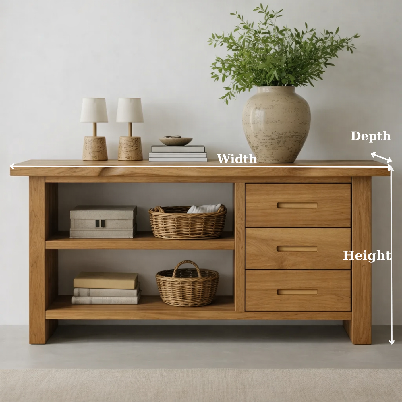 Solid Wood Console Table for Living Room with Open Shelves and Drawers
