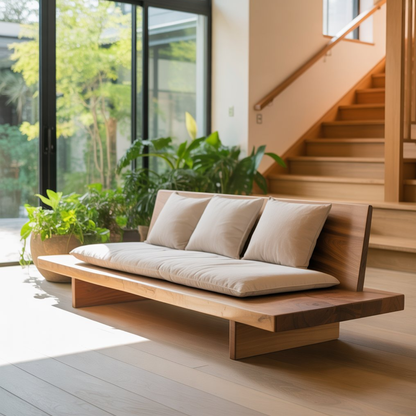 Low Profile Solid Wood Sofa Japandi Style Wooden Couch Minimalist Living Room Sofa