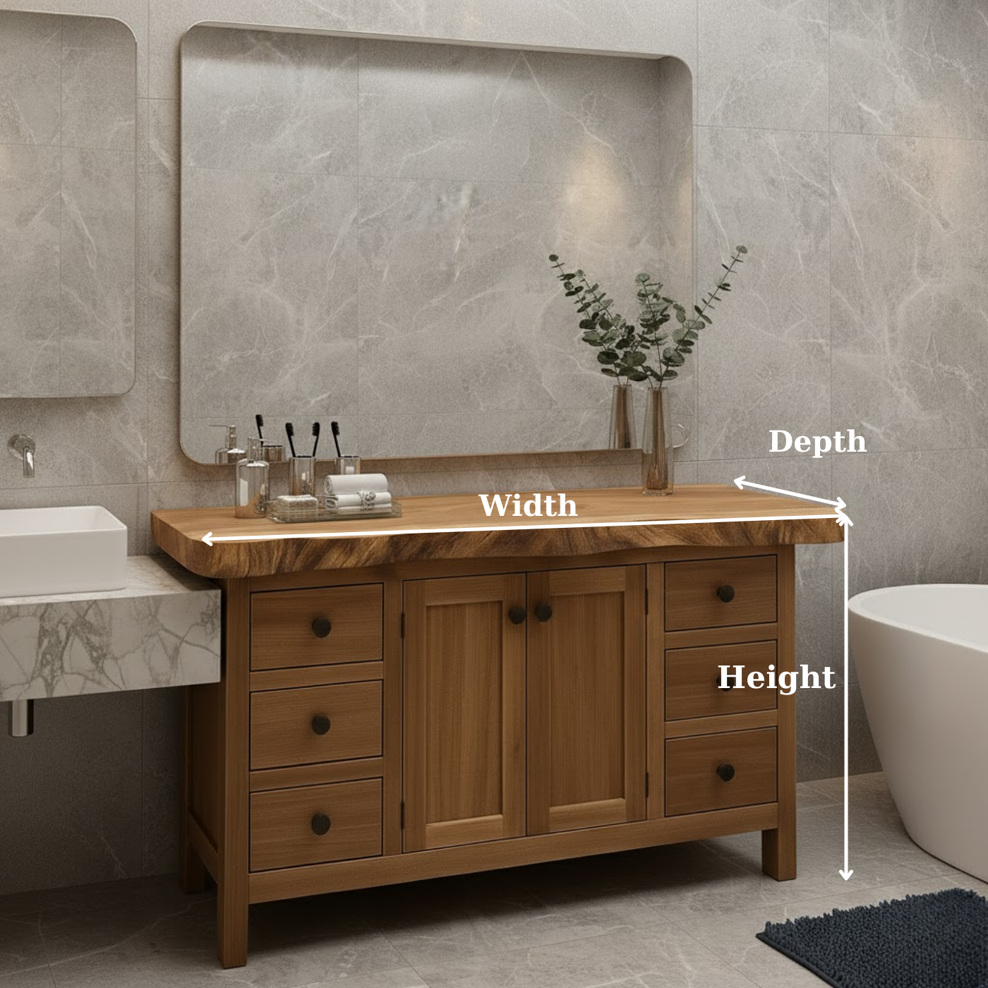 Solid Wood Bathroom Vanity with Live Edge Top and Ample Storage