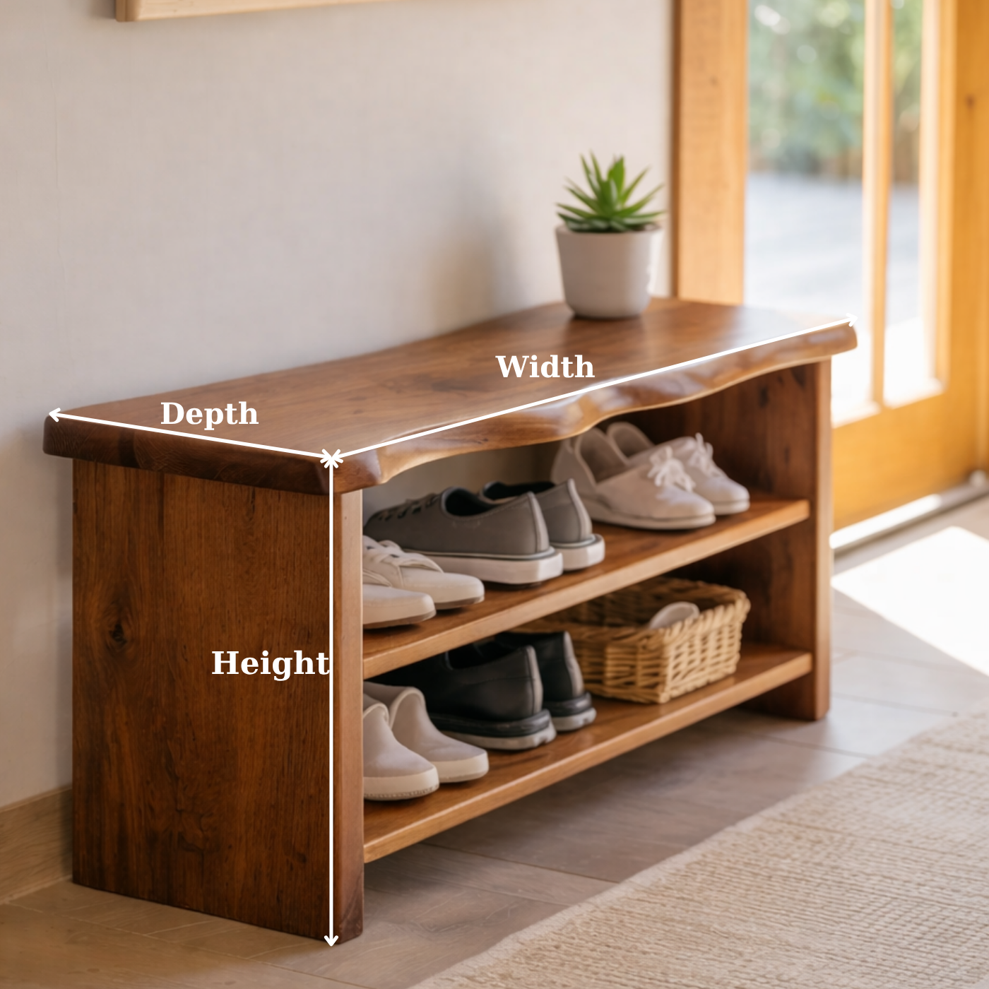 Solid Wood Live Edge Shoe Storage Bench with Open Shelves – Entryway Shoe Organizer Bench