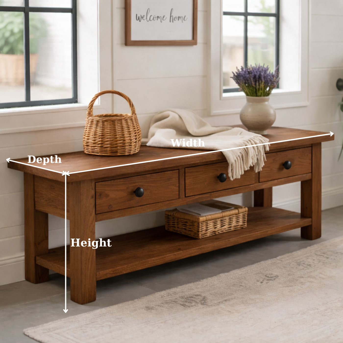 Solid Wood Entryway Bench with 3 Drawers & Lower Shelf – Farmhouse Shoe Storage Bench