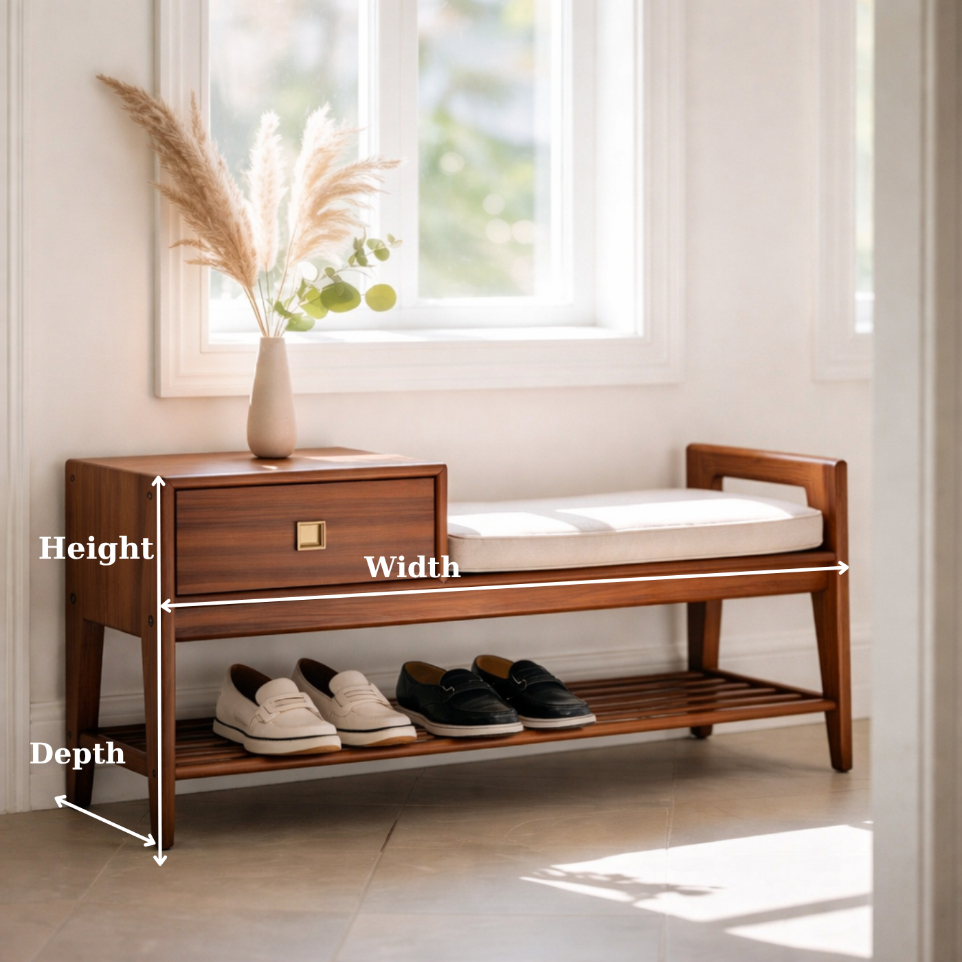 Solid Wood Entryway Bench with Drawer, Cushion Seat & Shoe Shelf – Mid-Century Shoe Storage Bench