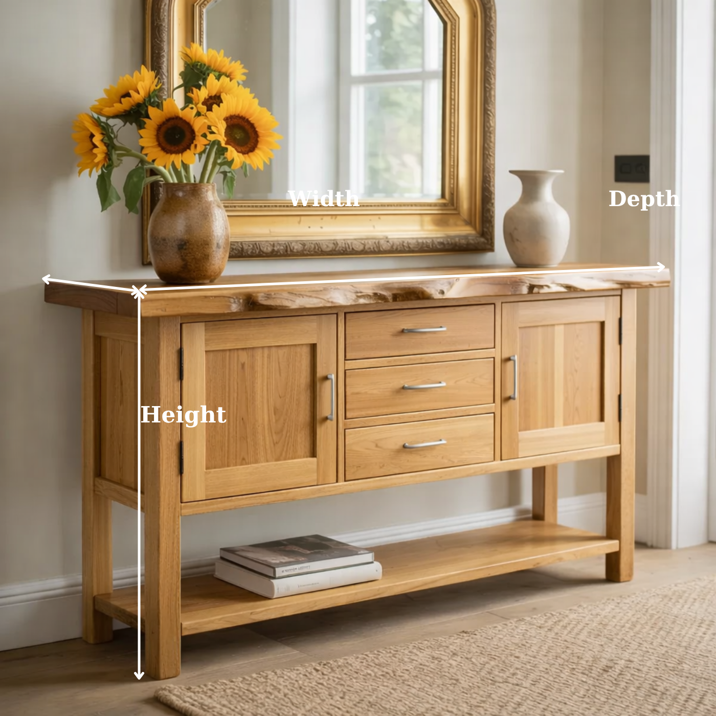 Solid Wood Sideboard Console Table with Drawers, Cabinet Doors & Lower Shelf – Entryway Storage Cabinet