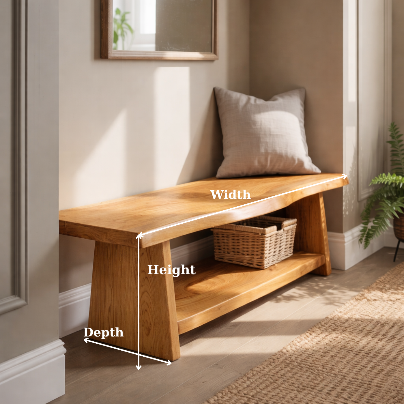 Solid Wood Live Edge Entryway Bench with Lower Shelf – Natural Wood Storage Bench