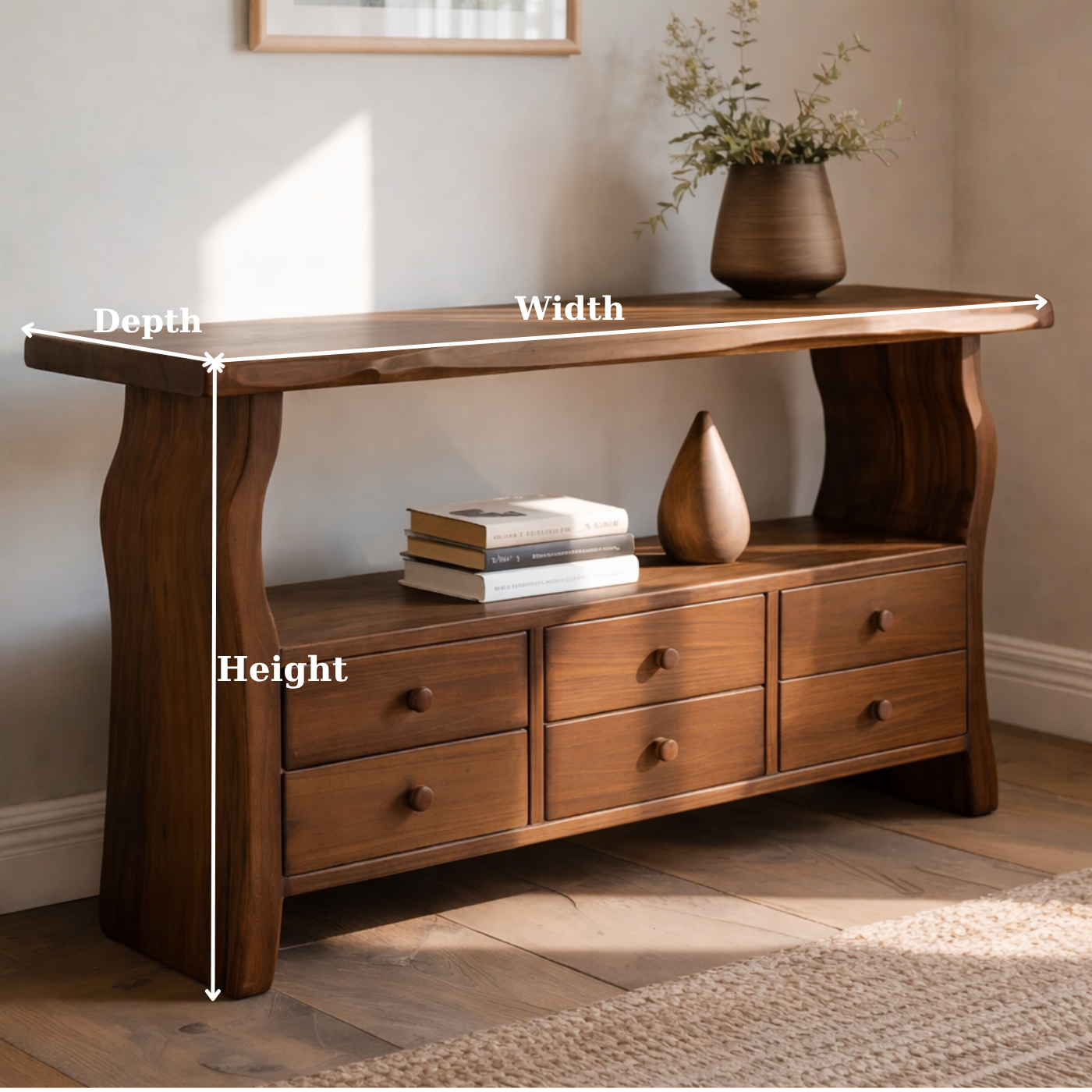 Solid Wood Console Table with 6 Drawers & Display Shelf – Live Edge Entryway Storage Console