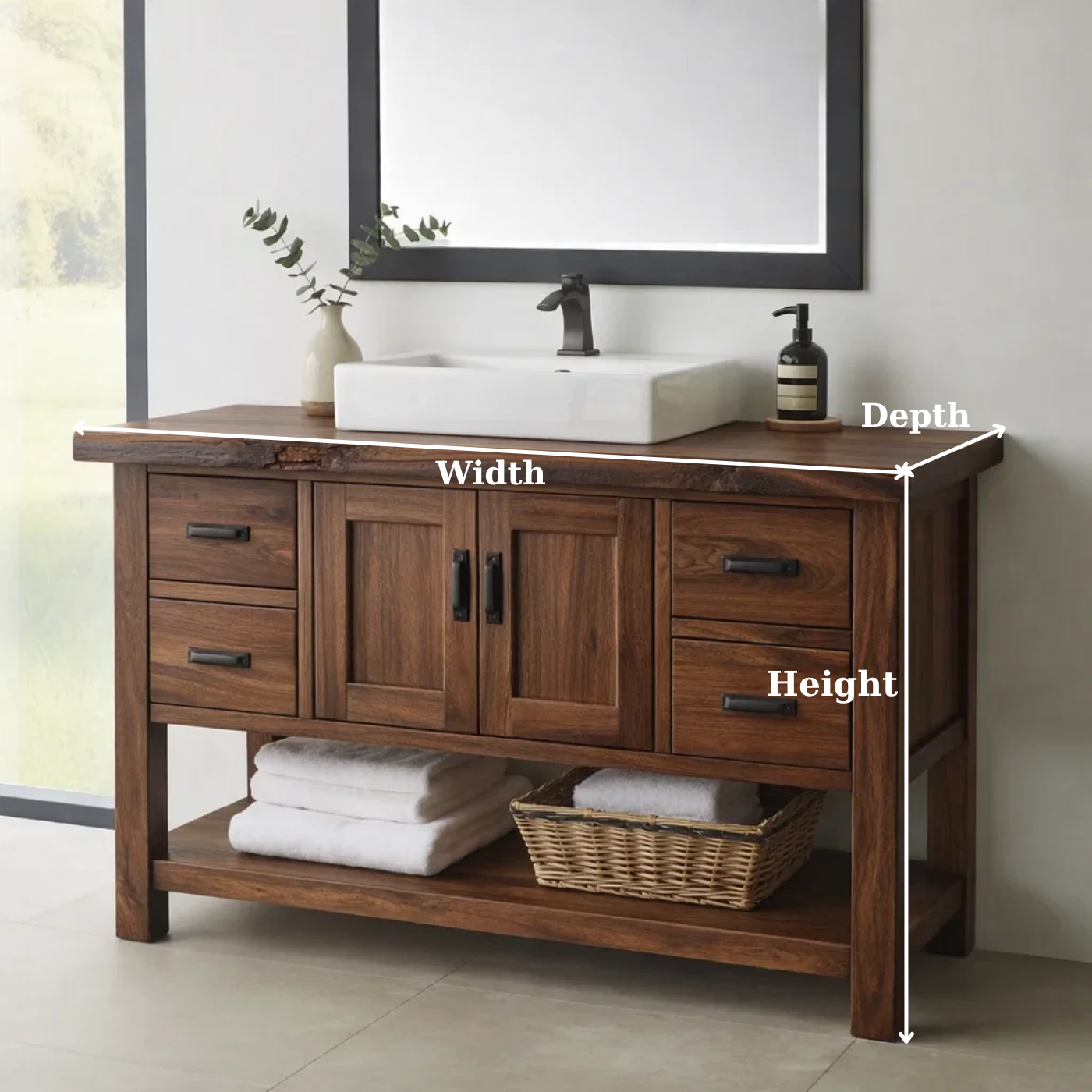 Solid Wood Bathroom Vanity with Drawers, Cabinet Doors & Open Shelf – Rustic Farmhouse Vanity