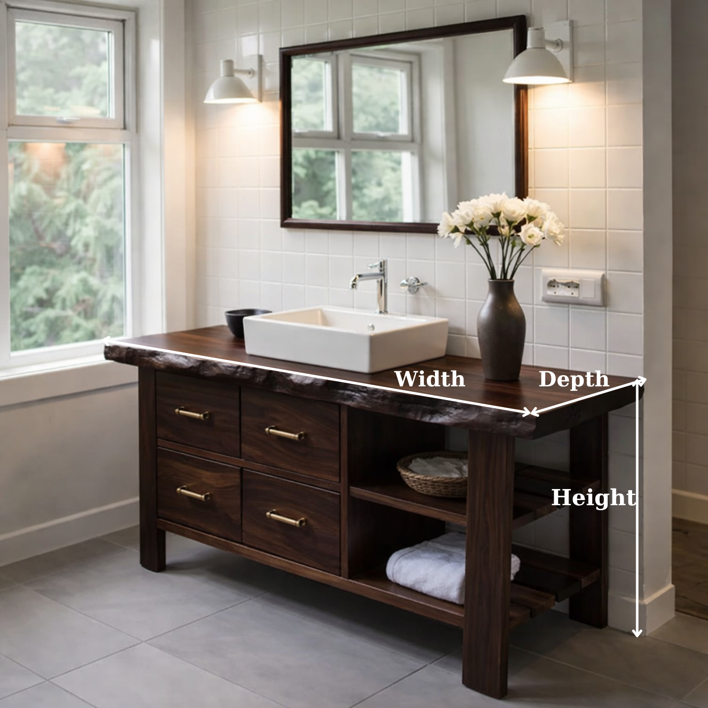 Solid Wood Rustic Bathroom Vanity with Drawers & Open Shelf – Live Edge Vanity Cabinet