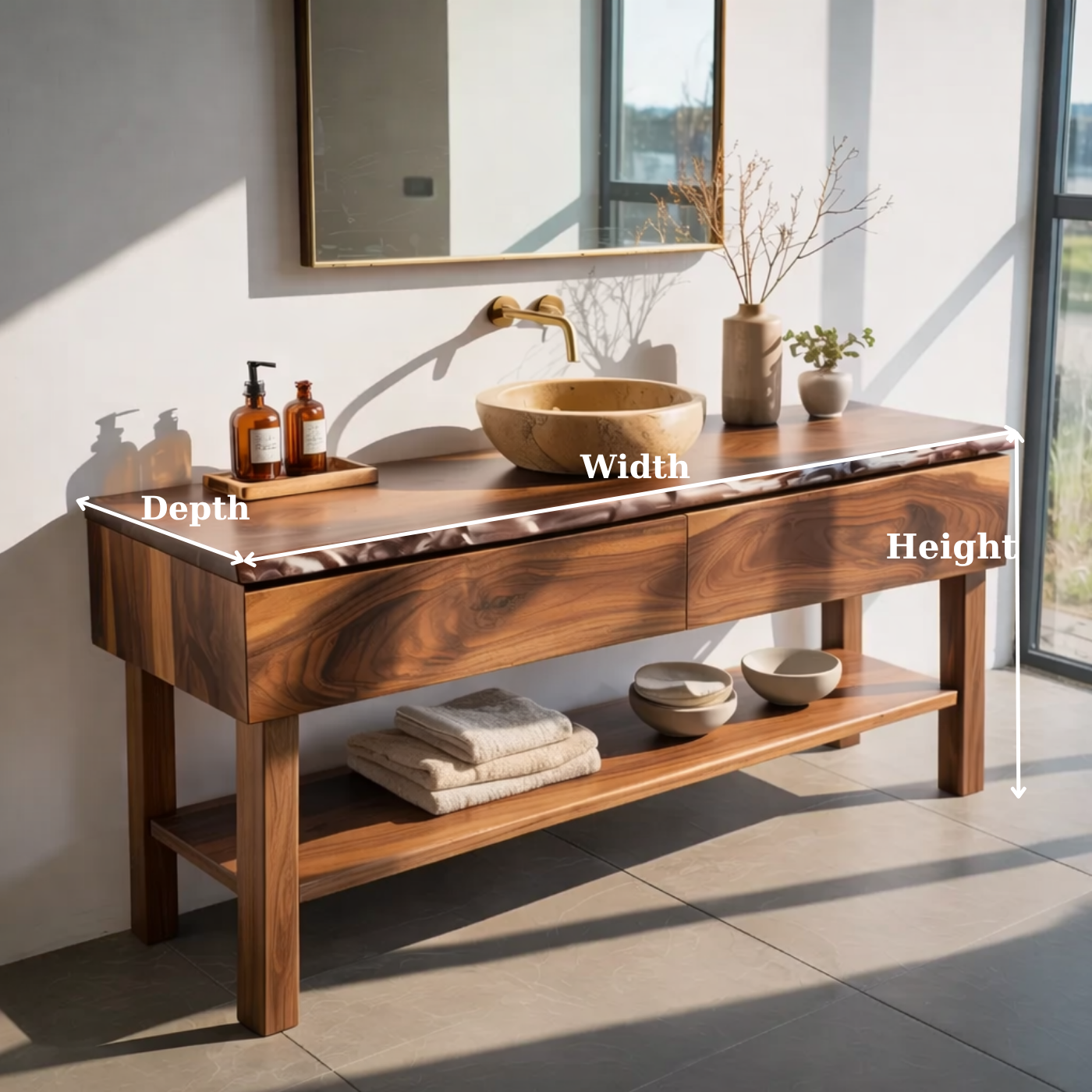 Solid Wood Bathroom Vanity with Live Edge Top and Open Shelf – Rustic Modern Vanity Cabinet