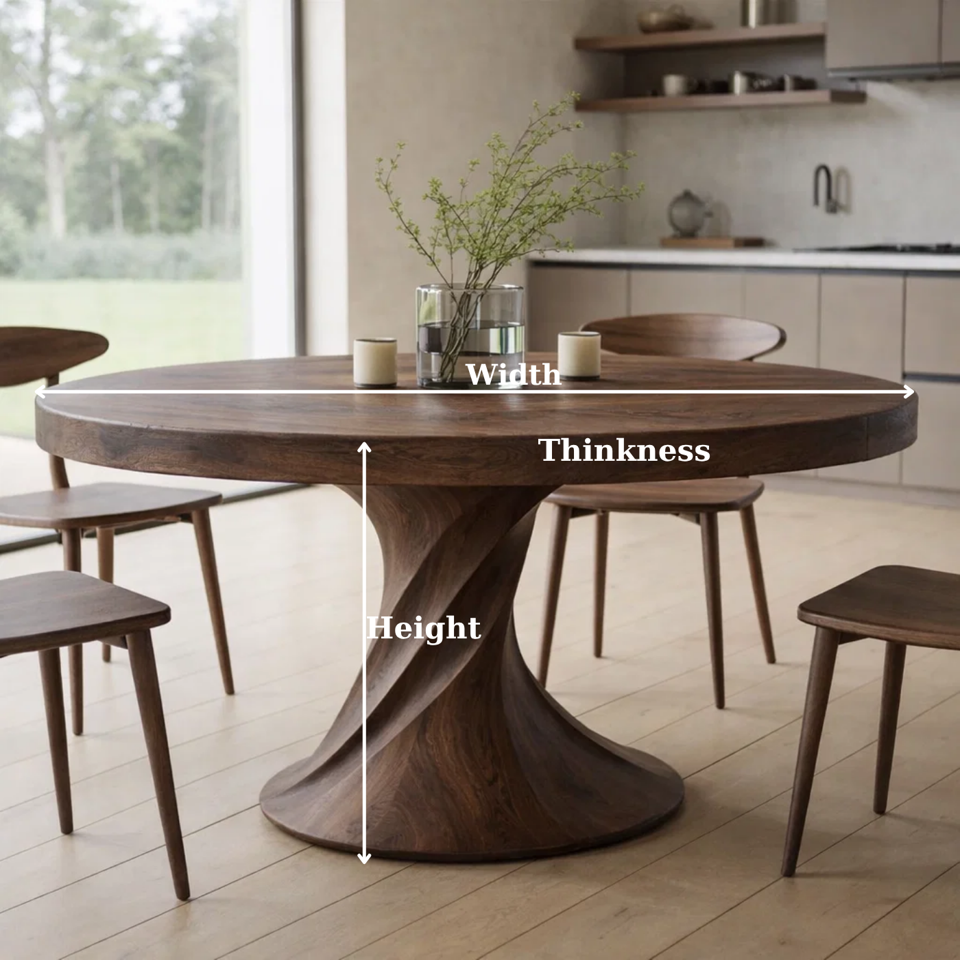 Solid Wood Round Dining Table with Sculptural Pedestal Base – Modern Rustic Dining Table