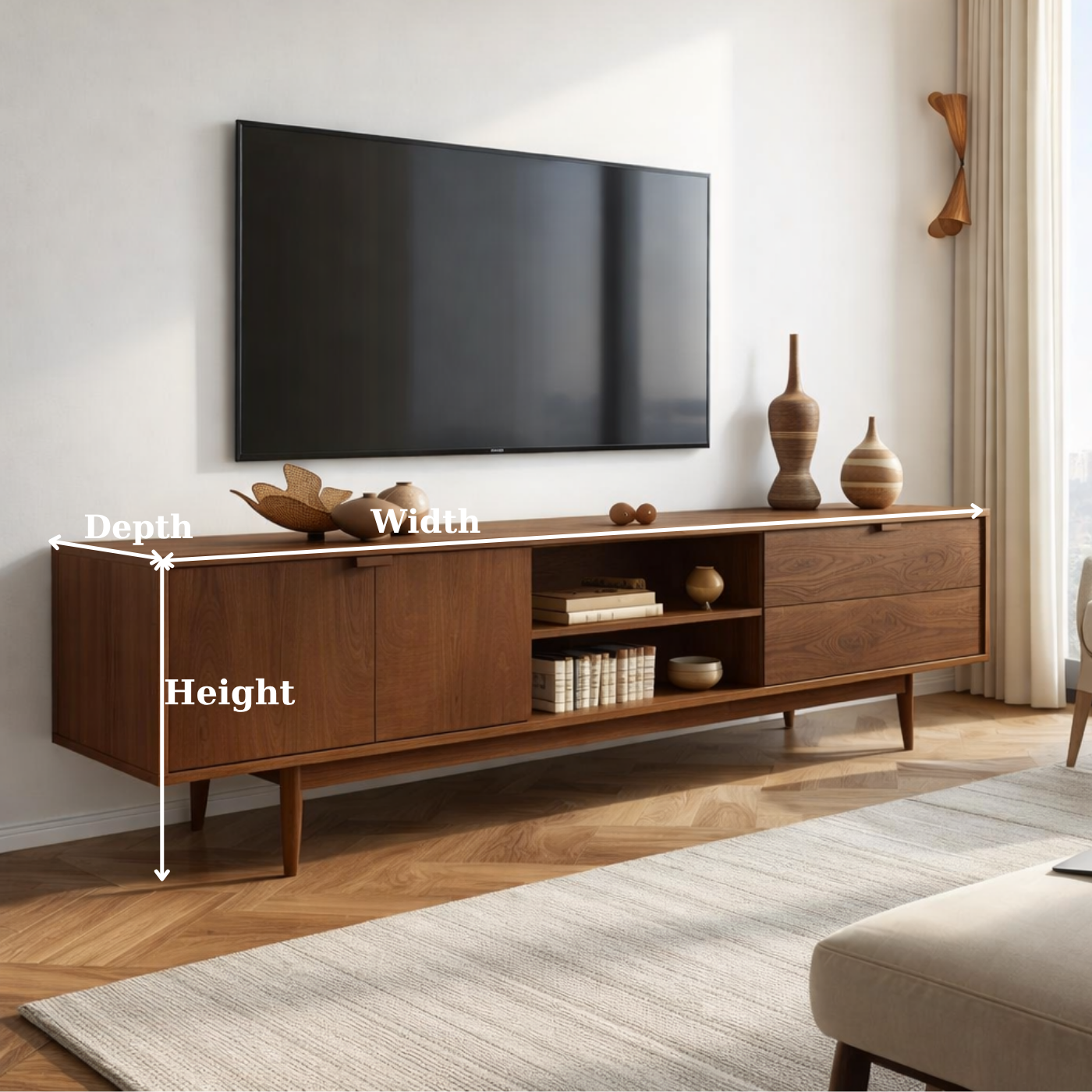 Mid-Century Solid Wood TV Stand with Cabinets and Open Shelf – Modern Media Console