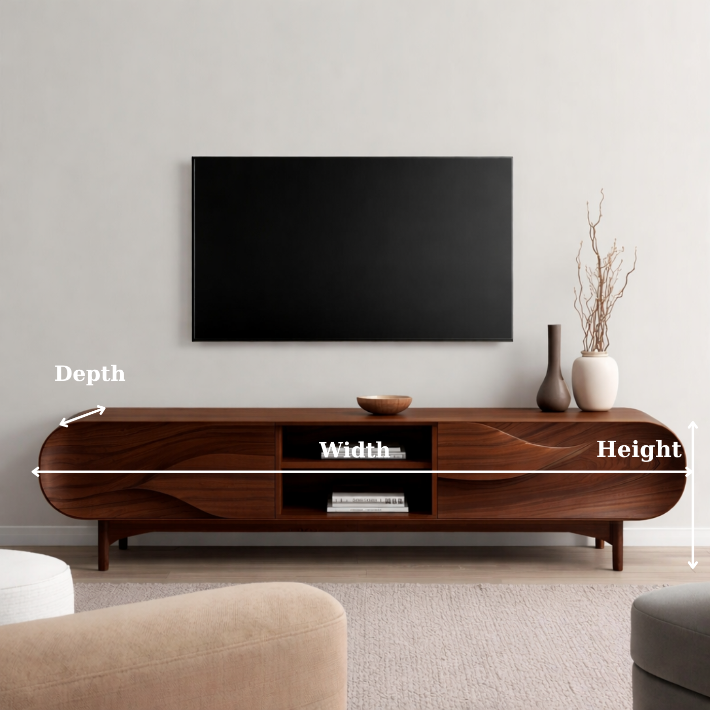 Solid Wood TV Stand with Sculpted Wave Front – Modern Walnut Media Console