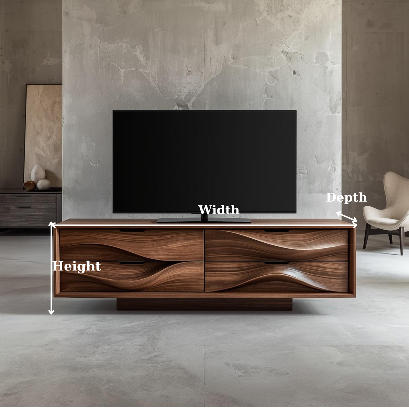 Solid Wood TV Stand with Sculpted Wave Doors – Modern Minimalist Media Console