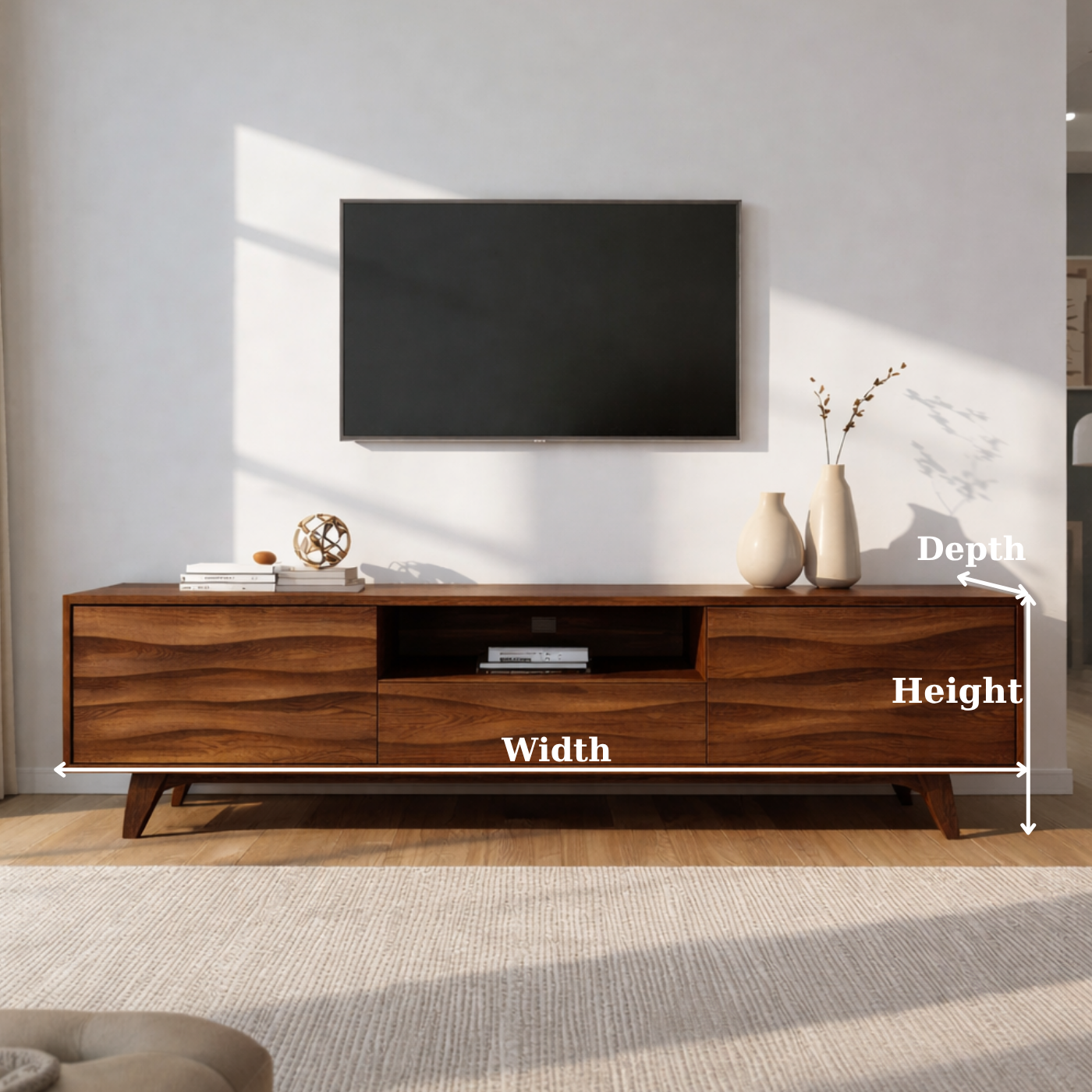 Solid Wood TV Stand with Wave Pattern Doors – Modern Rustic Media Console