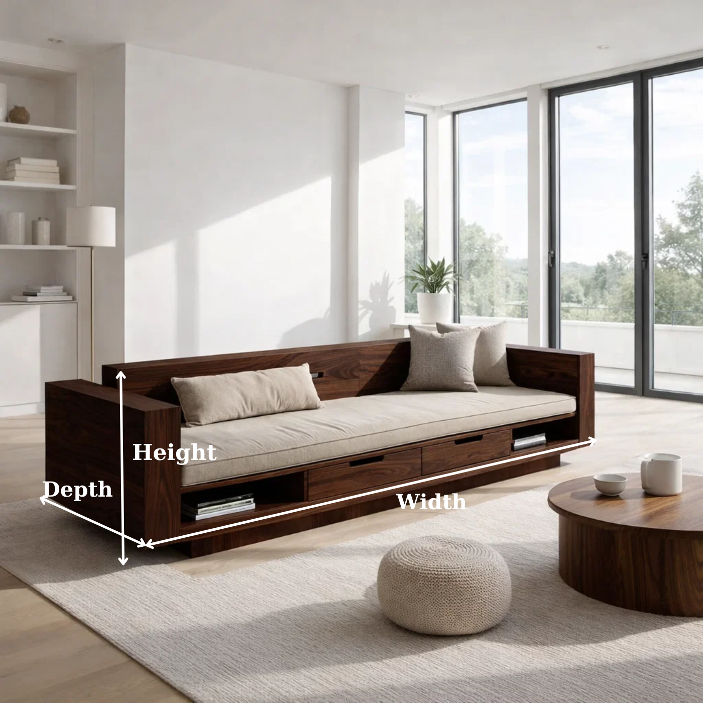 Walnut Solid Wood Storage Sofa – Modern Wooden Sofa with Drawers and Open Shelves