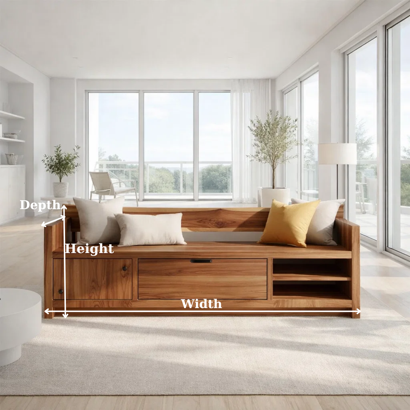 Solid Wood Storage Sofa Bench – Modern Wooden Sofa with Drawer and Open Shelves