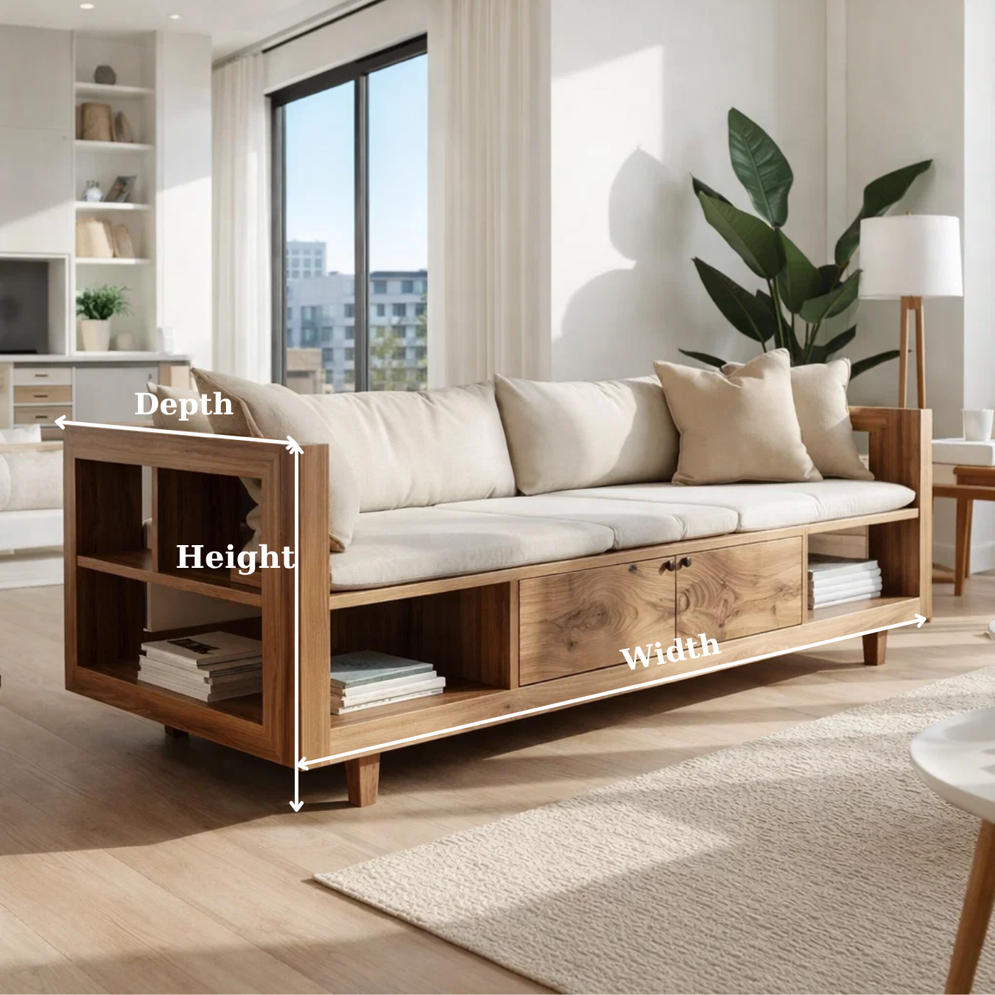 Solid Wood Storage Sofa – Modern Wooden Sofa with Shelves and Drawers