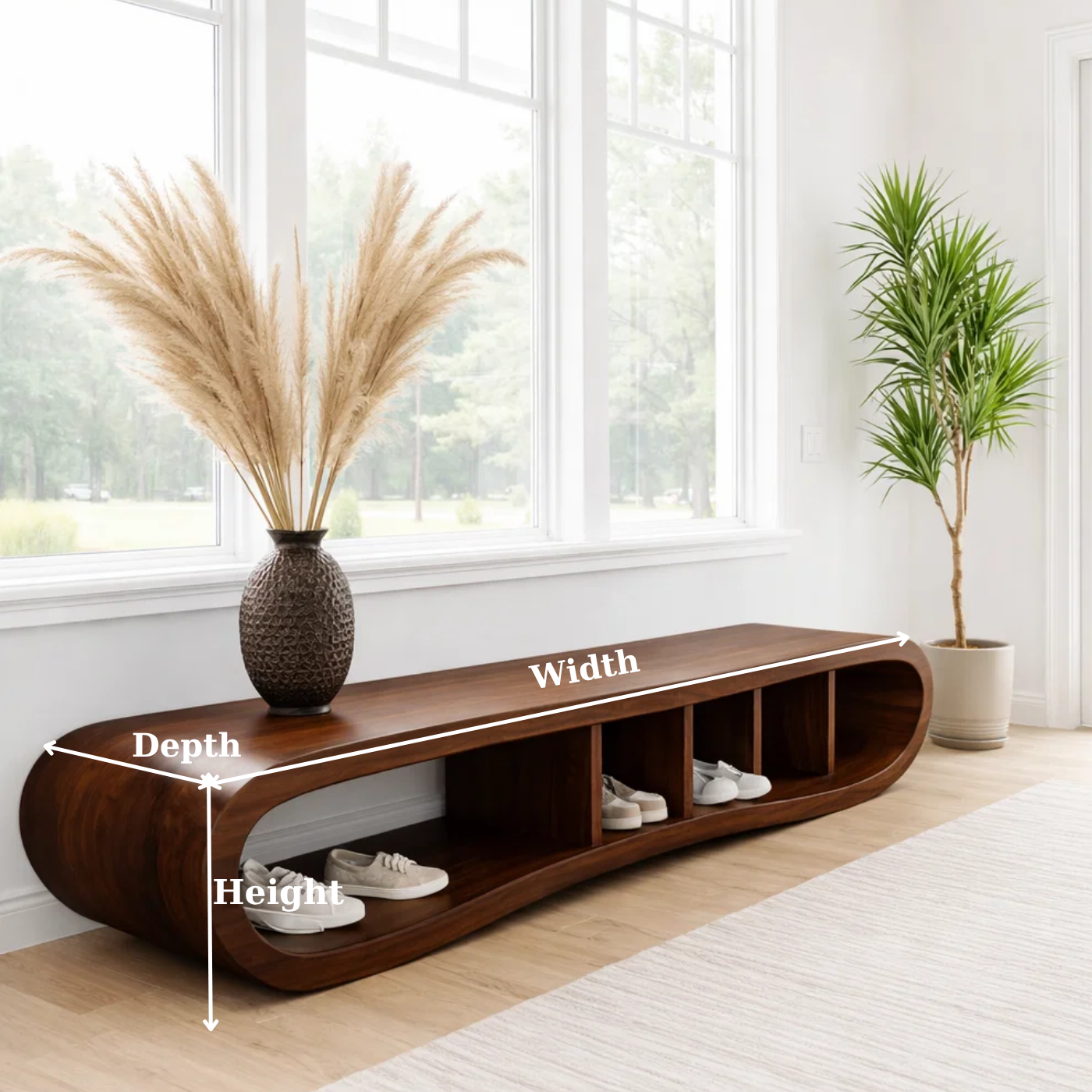 Solid Wood Shoe Storage Bench – Curved Wooden Entryway Bench with Open Cubby Shelf