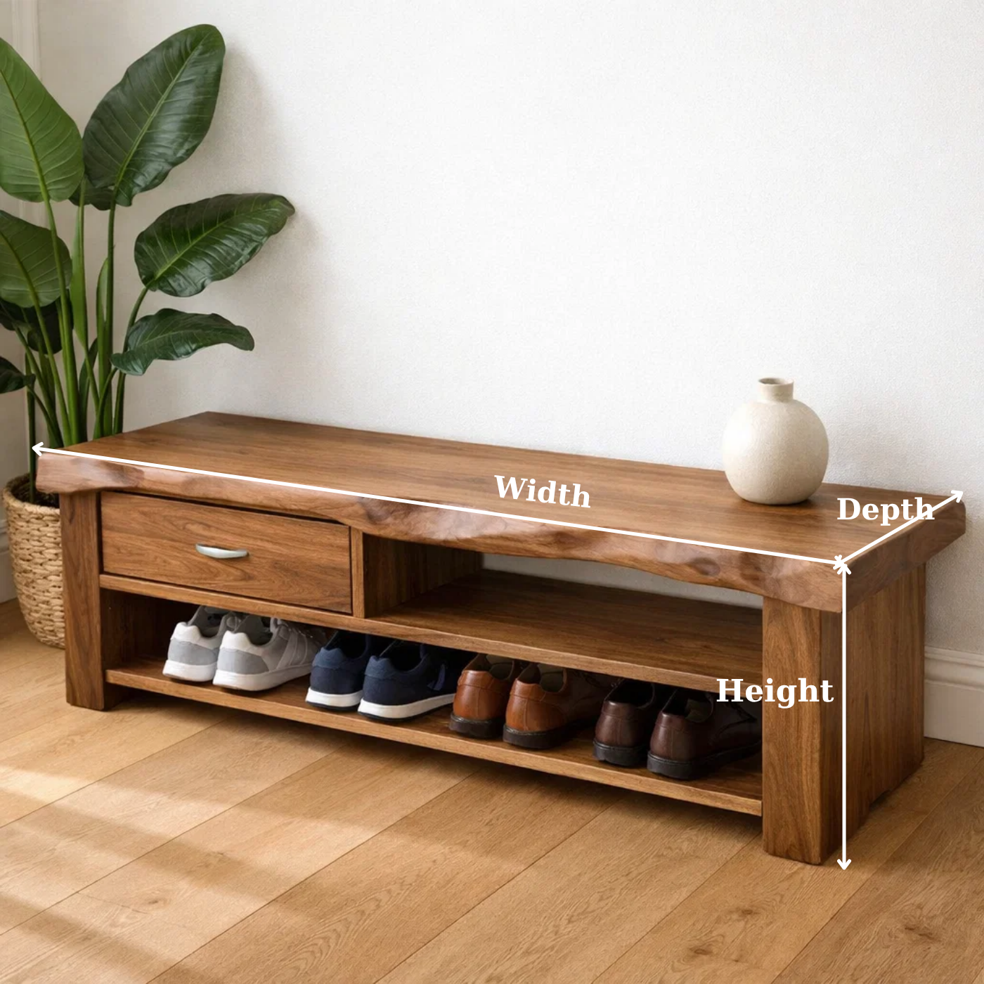 Solid Wood Shoe Storage Bench – Live Edge Entryway Bench with Drawer and Shelf