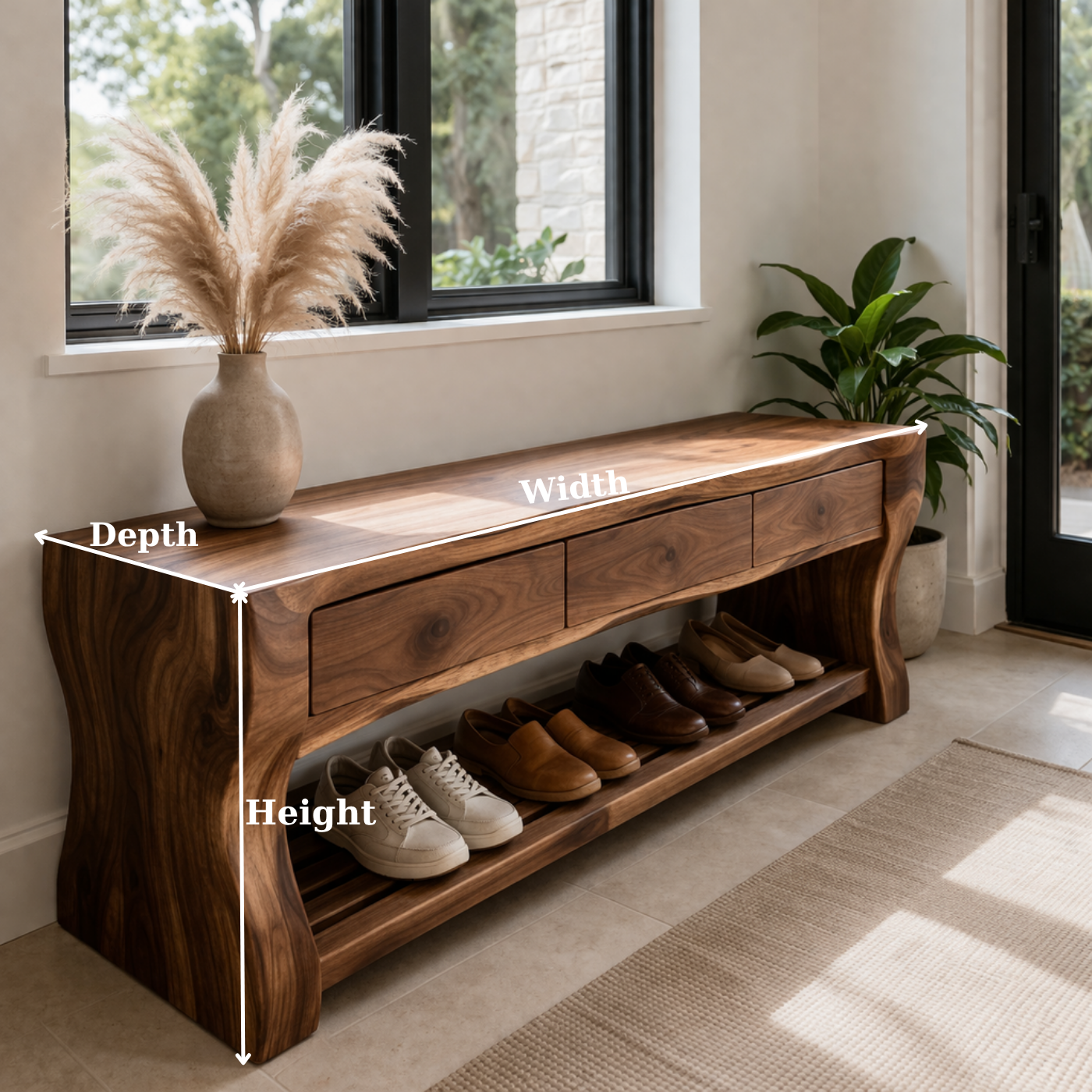 Solid Wood Shoe Bench with Drawers – Modern Walnut Entryway Storage Bench